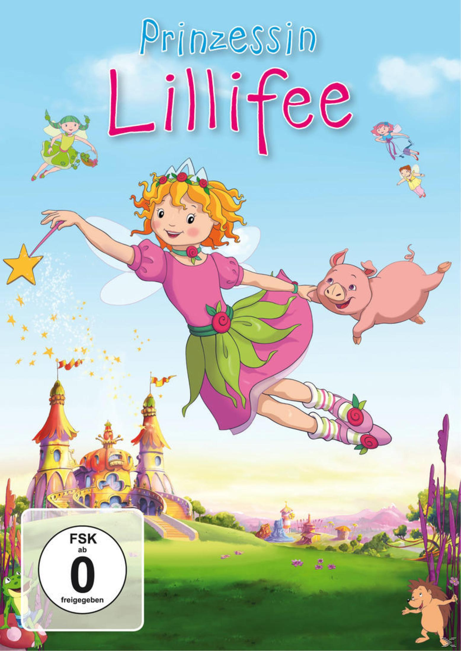 Prinzessin Lillifee fliegt mit einem Schwein über ein Schloss, im Hintergrund fliegen weitere Feen.