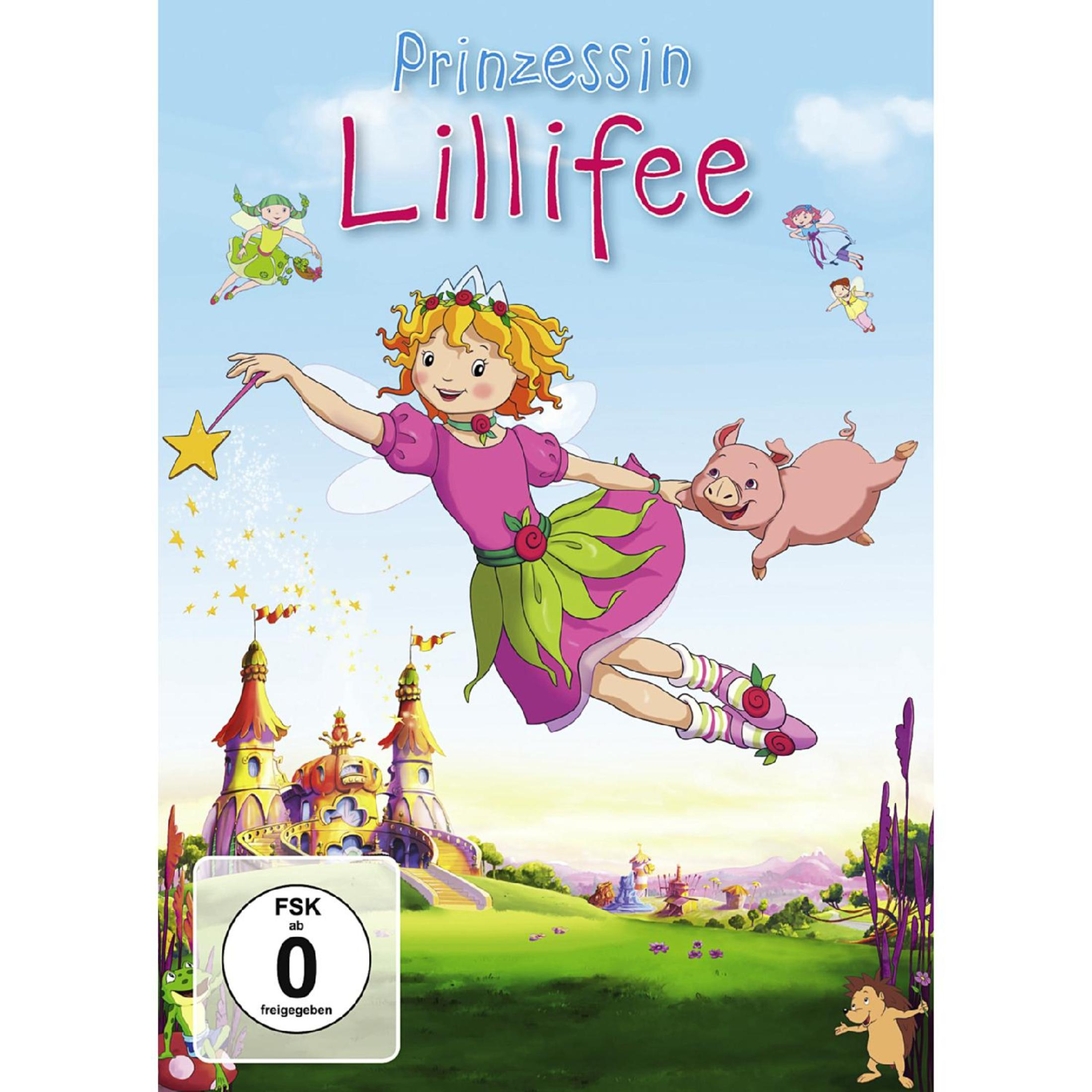 Prinzessin Lillifee fliegt mit einem Schwein über ein Schloss, im Hintergrund fliegen andere Feen.