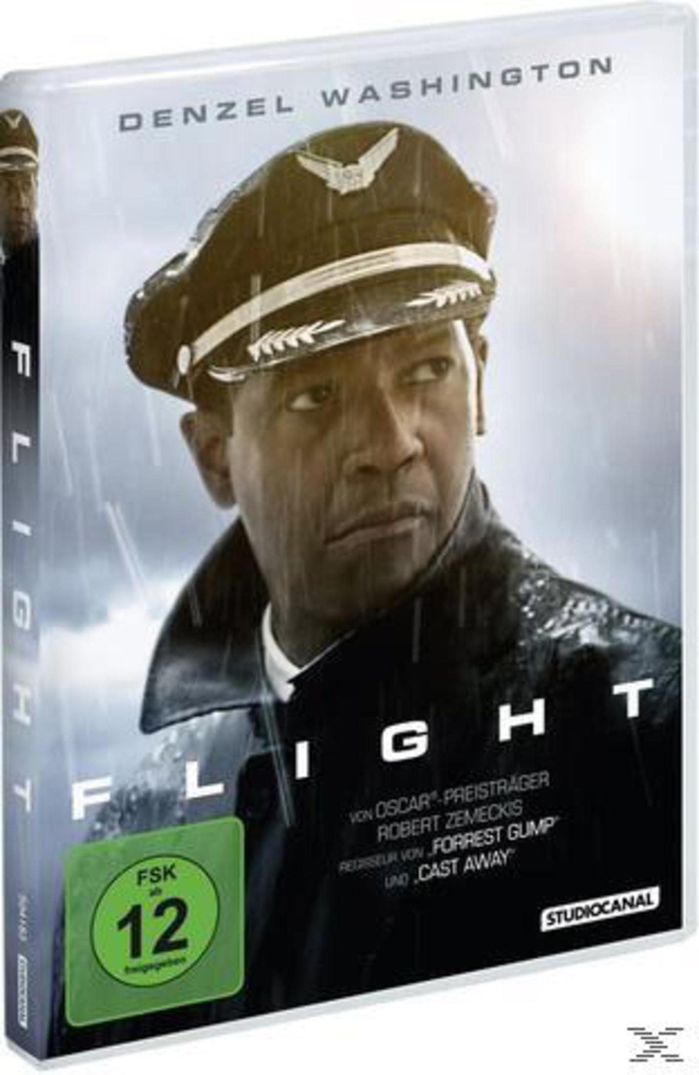 DVD-Cover des Films Flight mit Denzel Washington in Pilotenuniform vor Regentropfen.