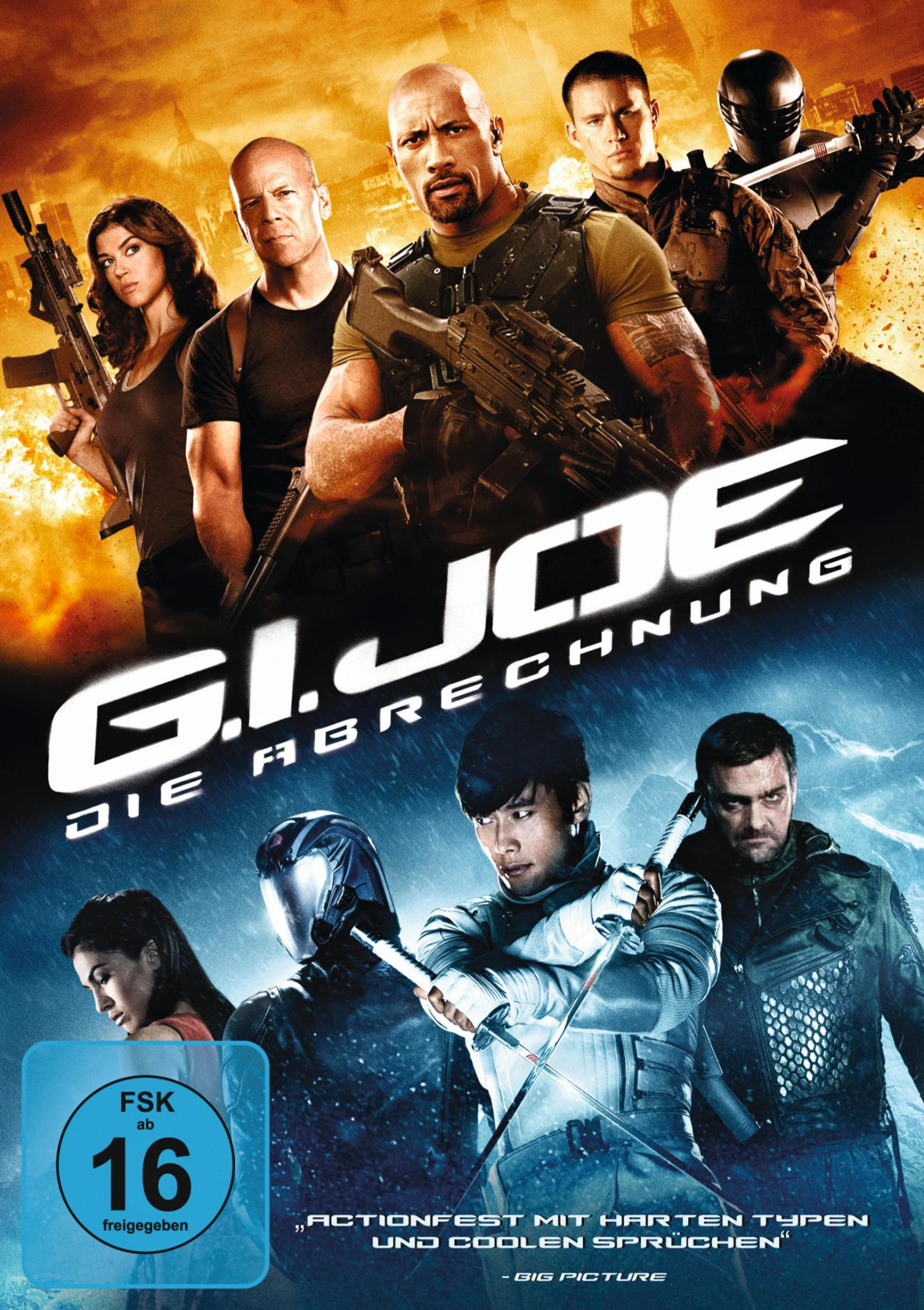 Filmplakat von G.I. Joe: Die Abrechnung mit verschiedenen Action-Charakteren und Waffen vor feurigem Hintergrund.