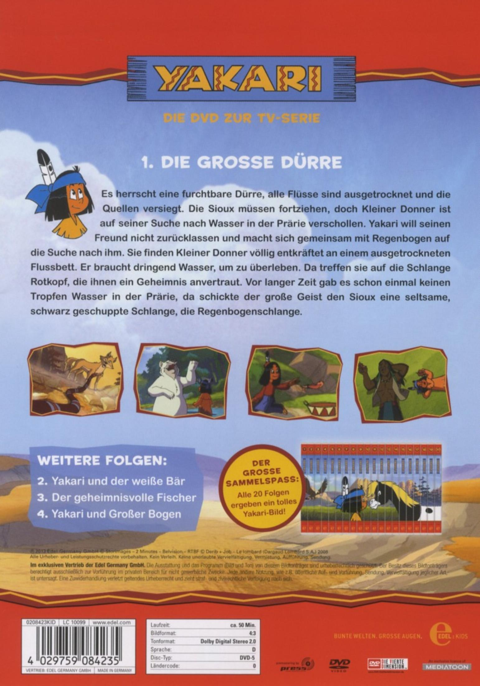 DVD-Rückseite von Yakari mit Text, Bildern und Barcode auf blauem Hintergrund.