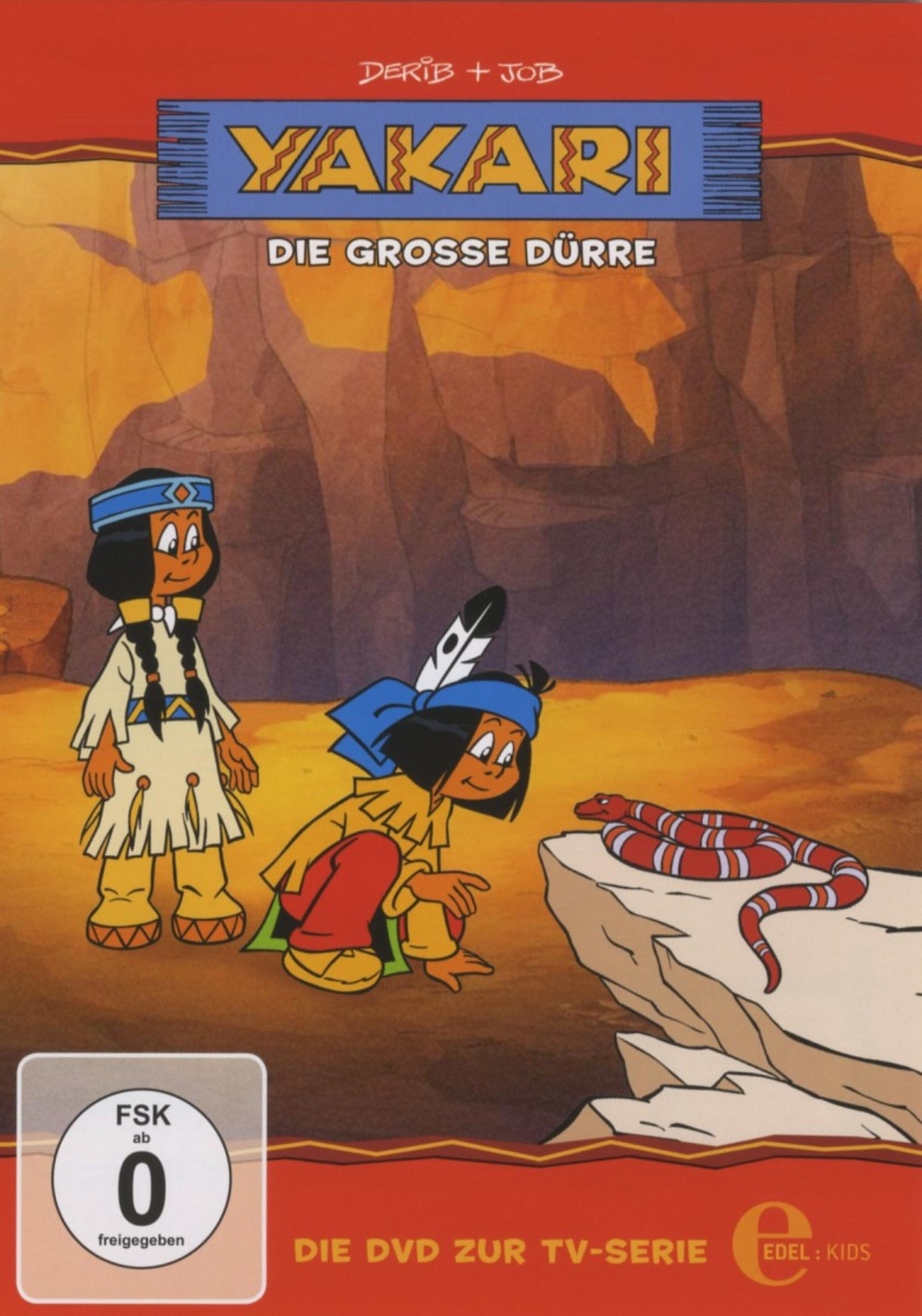 DVD-Cover von Yakari zeigt einen Jungen und ein Mädchen, die im Canyon eine rote Schlange auf einem Felsen betrachten.