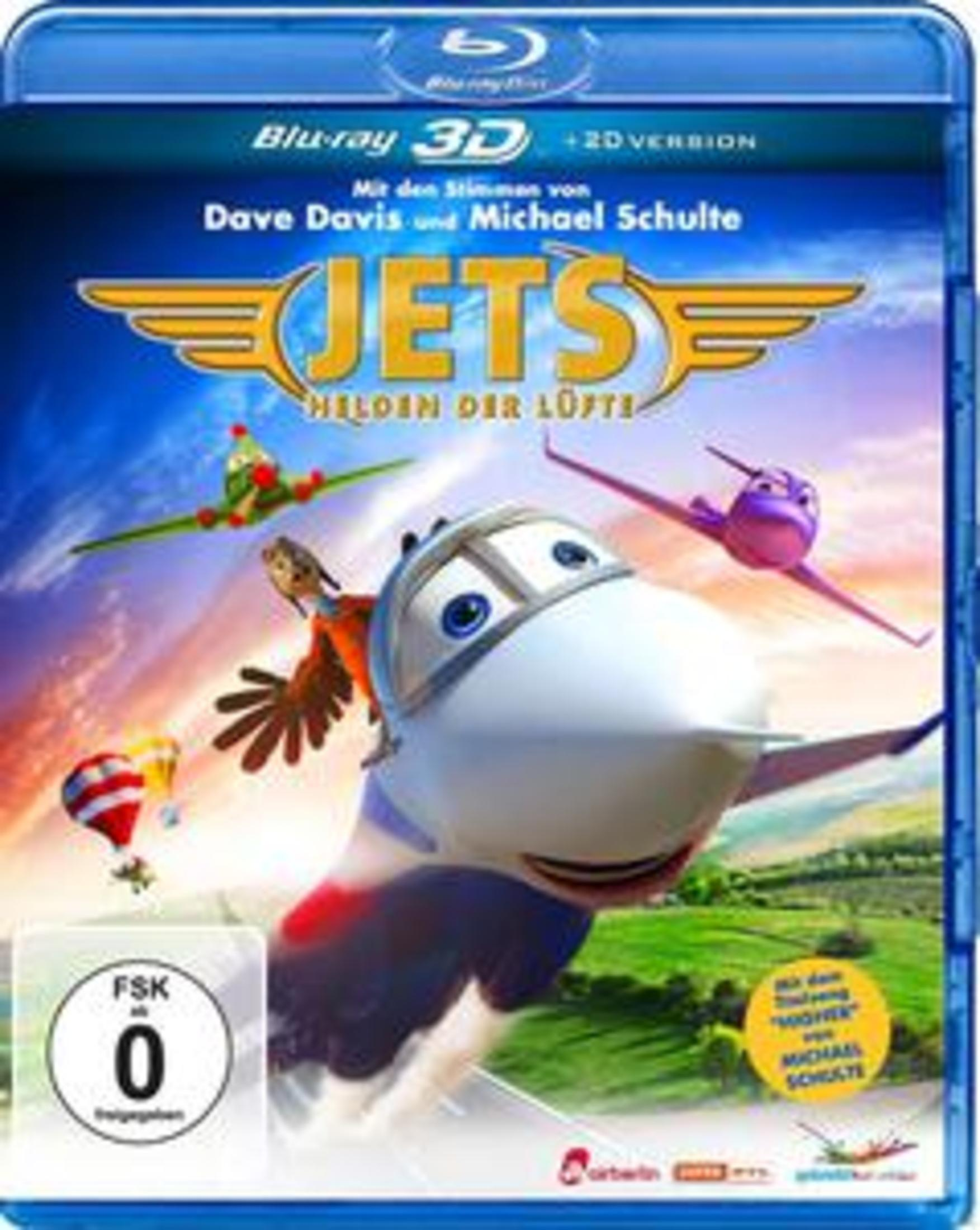 Blu-ray-Hülle des Animationsfilms Jets - Helden der Lüfte mit Flugzeugen im Flug über einer grünen Landschaft.