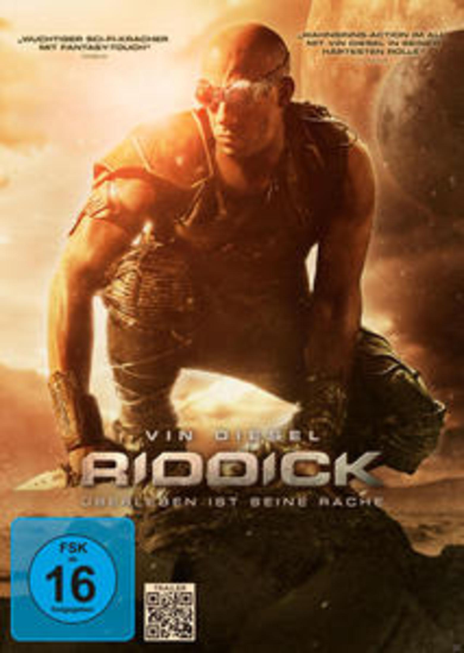 Vin Diesel als Riddick crouch-bereit mit Goggles auf einem fremden Planeten.