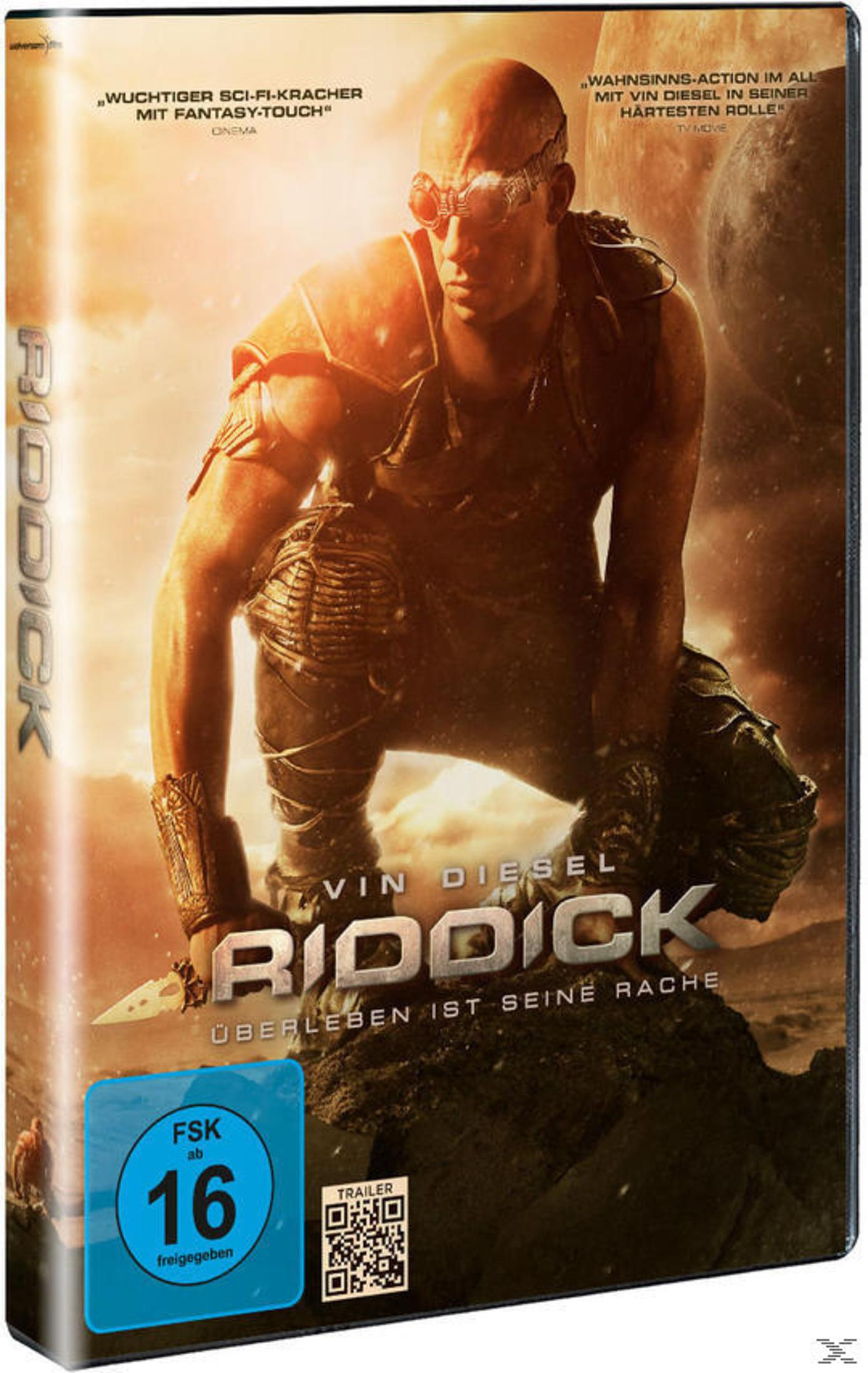 DVD-Cover von Riddick mit Vin Diesel in der Hauptrolle, der auf einem felsigen Untergrund kniet.
