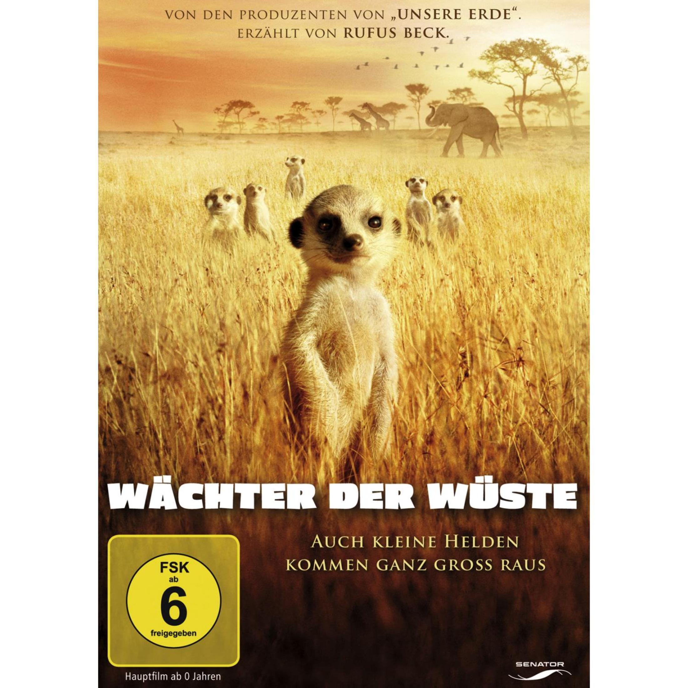 Filmplakat für Wächter der Wüste mit einem Erdmännchen im Vordergrund und einer afrikanischen Savanne im Hintergrund.