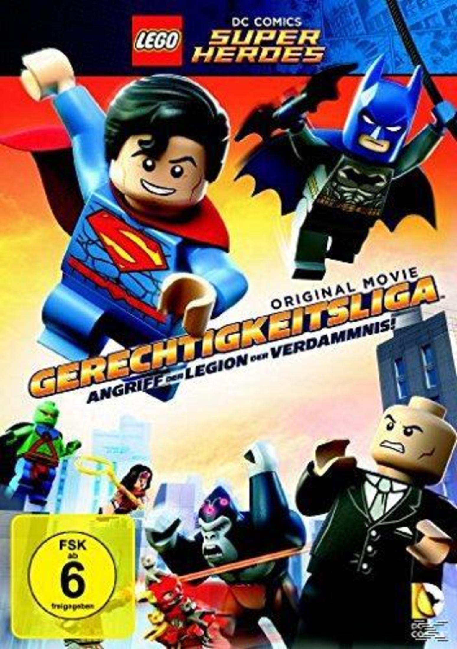 Lego DC Comics Super Heroes DVD-Cover mit Superman, Batman und Lex Luthor.