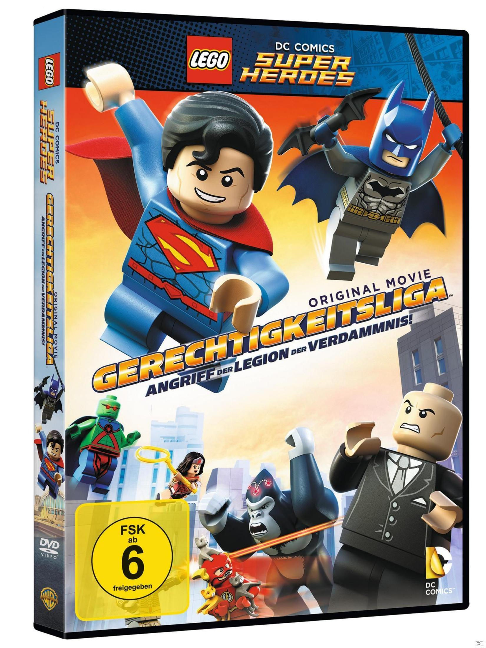 Lego DVD Hülle mit Superman und Batman vor einer Stadt.