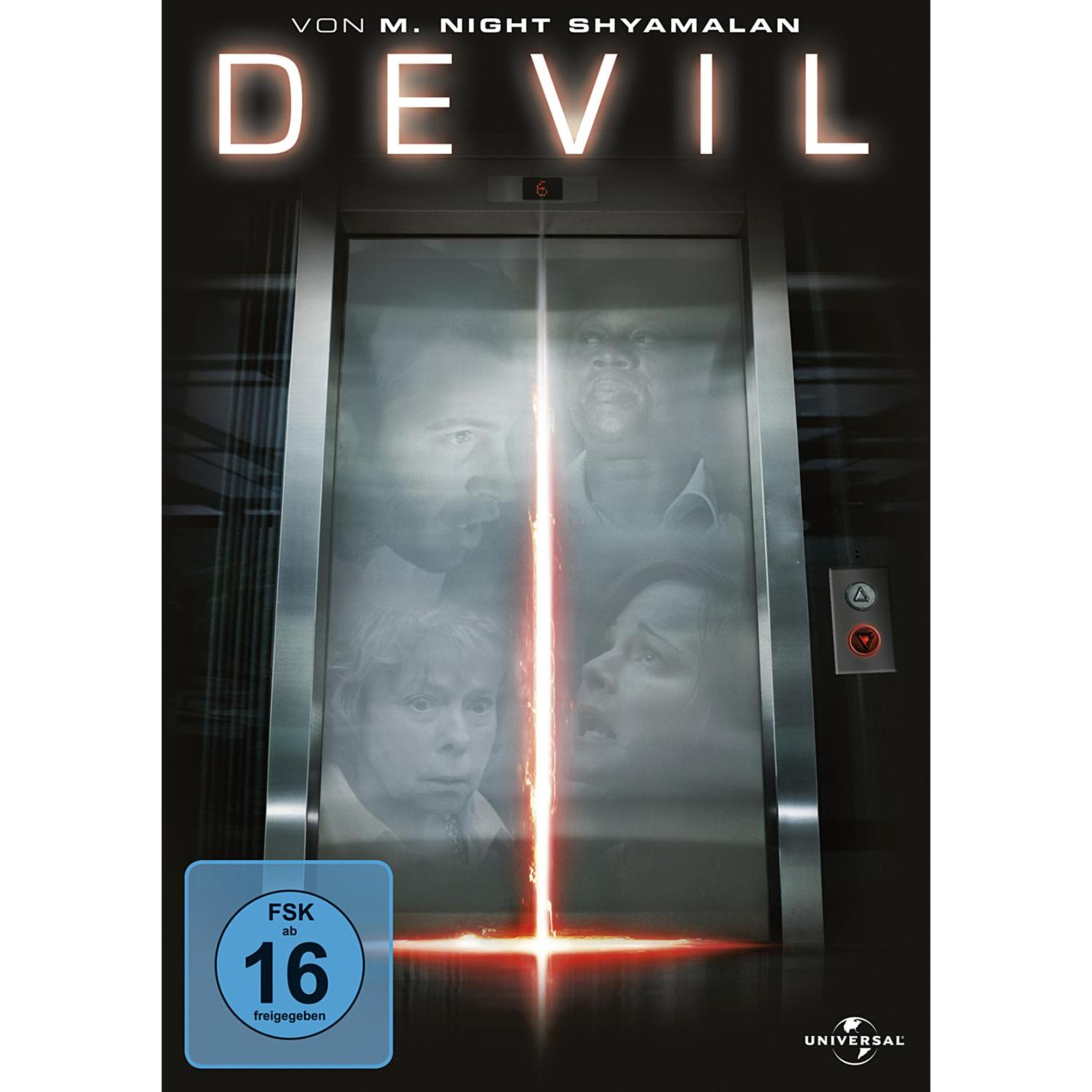 Filmposter von Devil zeigt vier verängstigte Personen, die in einem dunklen Aufzug mit rotem Licht gefangen sind.