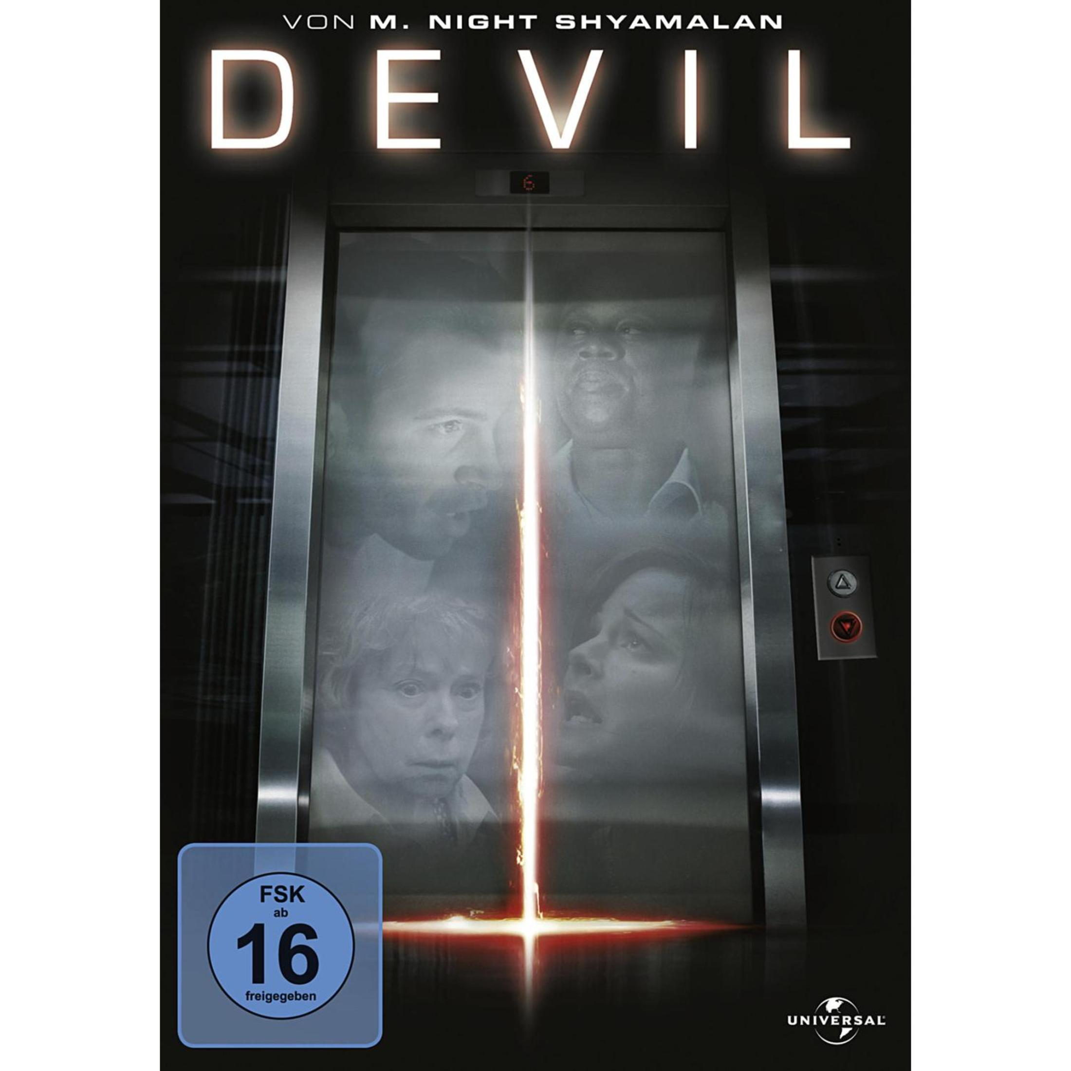 DVD-Cover des Films Devil mit vier verängstigten Personen im Aufzug und glühendem Spalt in der Tür.
