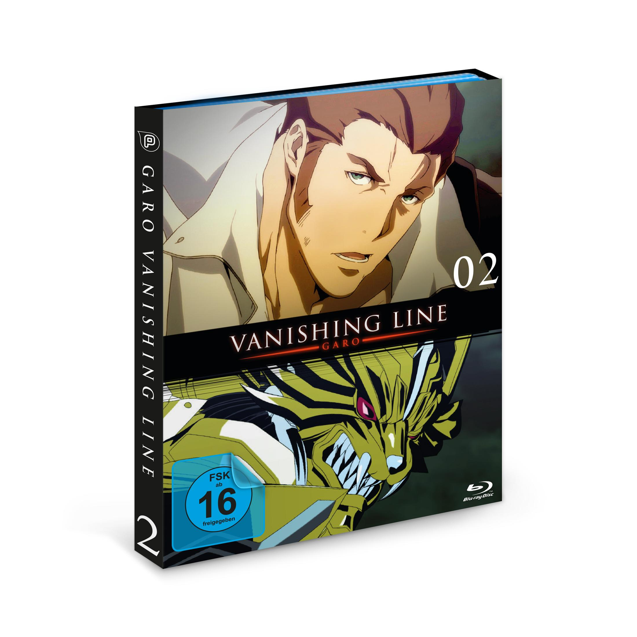 Garo Vanishing Line Vol. 2 Blu-ray-Cover mit einem Anime-Mann und einem Roboter-Monster.