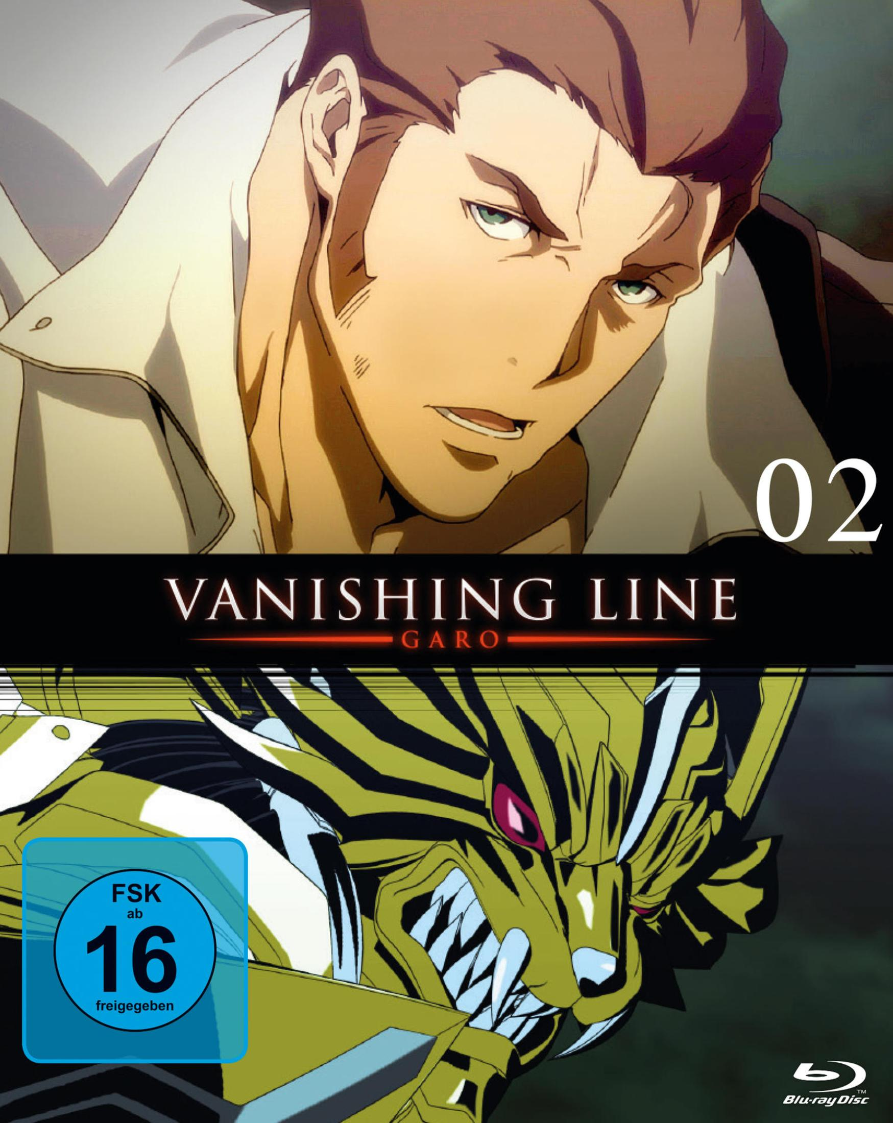 Blu-Ray-Cover von Garo: Vanishing Line Vol. 2 mit einem Mann und einer goldenen Kreatur.