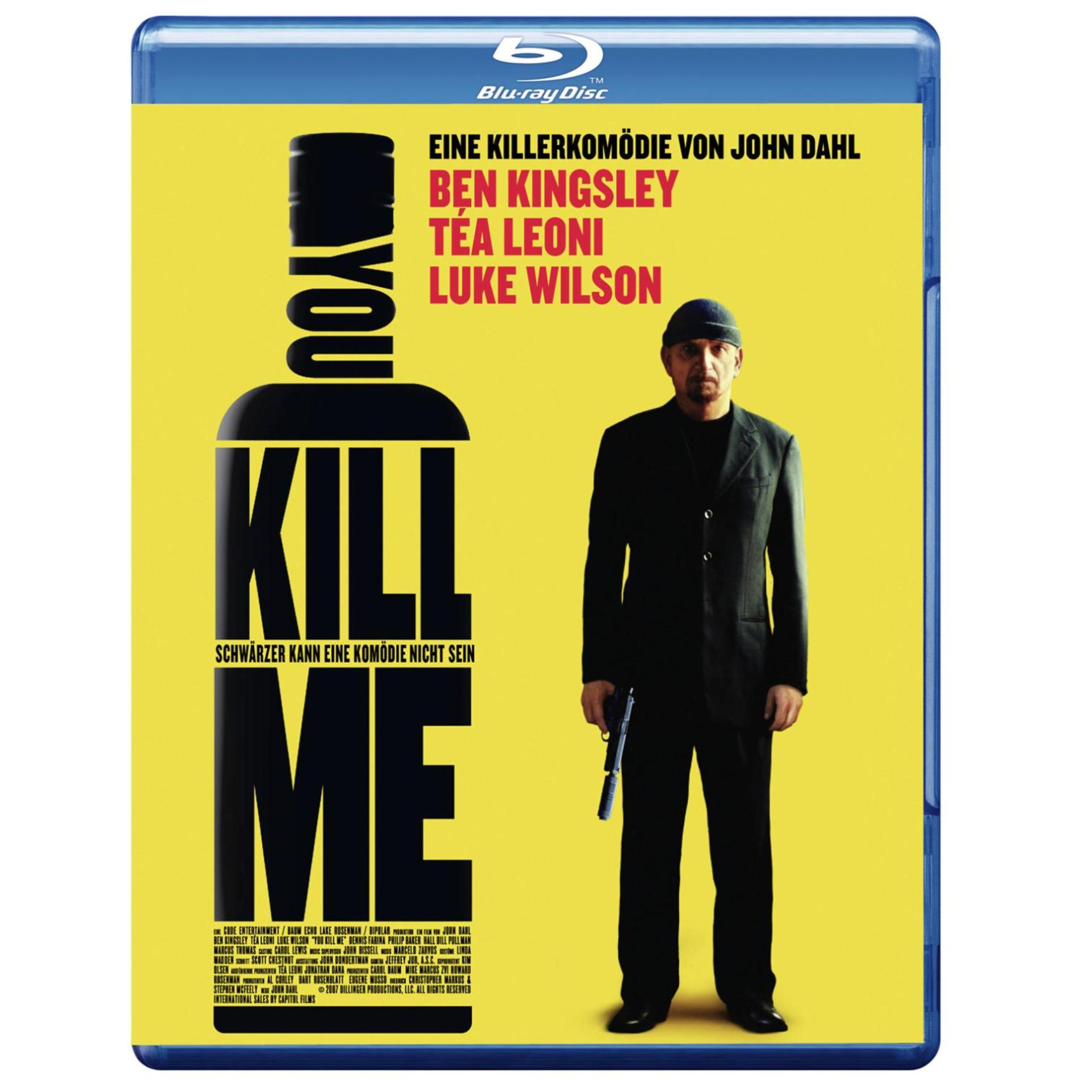 DVD-Cover mit gelbem Hintergrund, großer schwarzer Flasche und einem stehenden Mann mit Pistole.