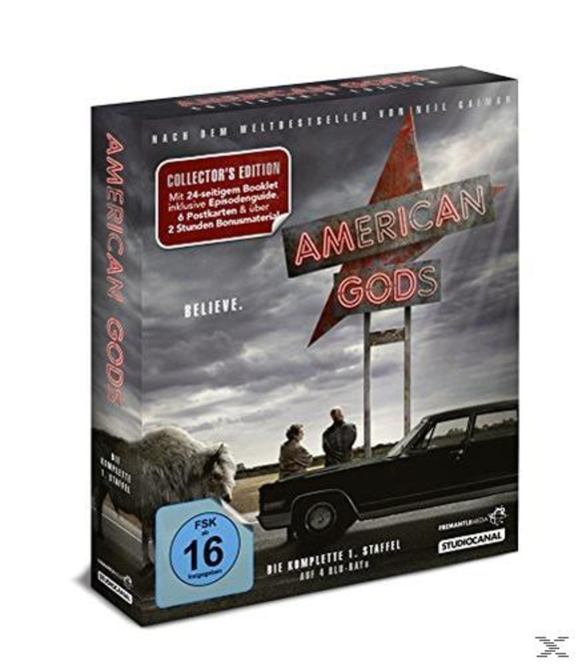 American Gods Collector's Edition Blu-ray Box mit Büffel, Auto und leuchtendem Schild unter bewölktem Himmel.