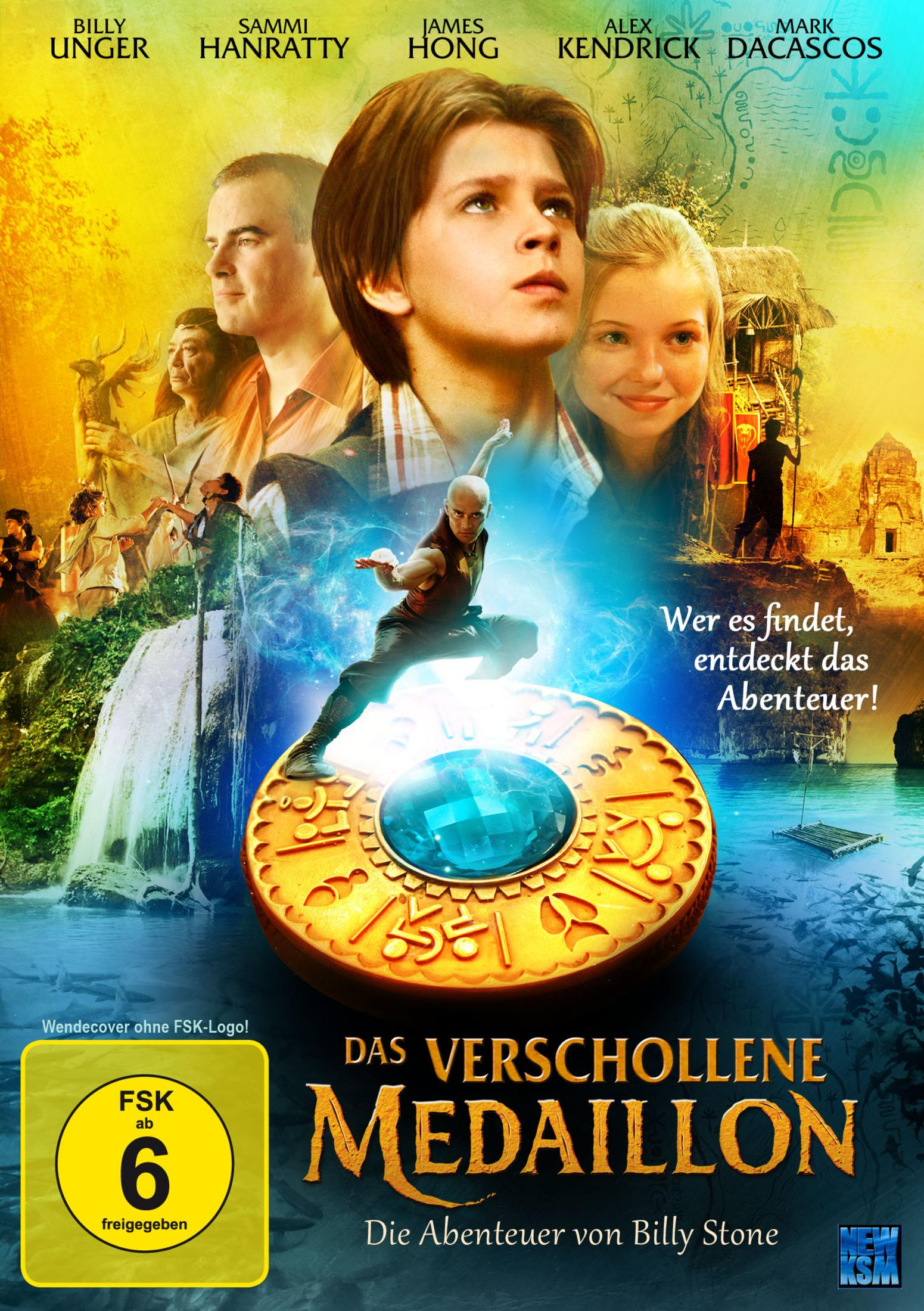Filmplakat von 'Das Verschollene Medaillon' mit jungen Darstellern, Charakteren und einem goldenen Amulett.