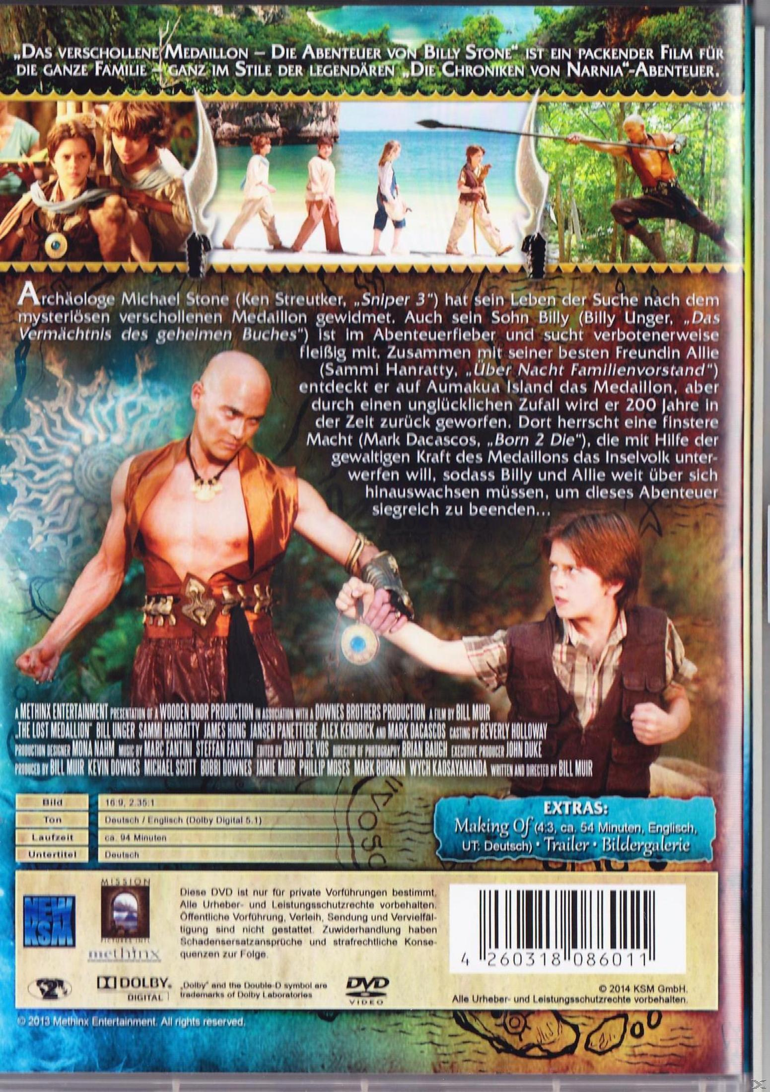 DVD-Rückseite des Films Das verschollene Medaillon mit Szenenbildern, Texten und technischen Angaben.