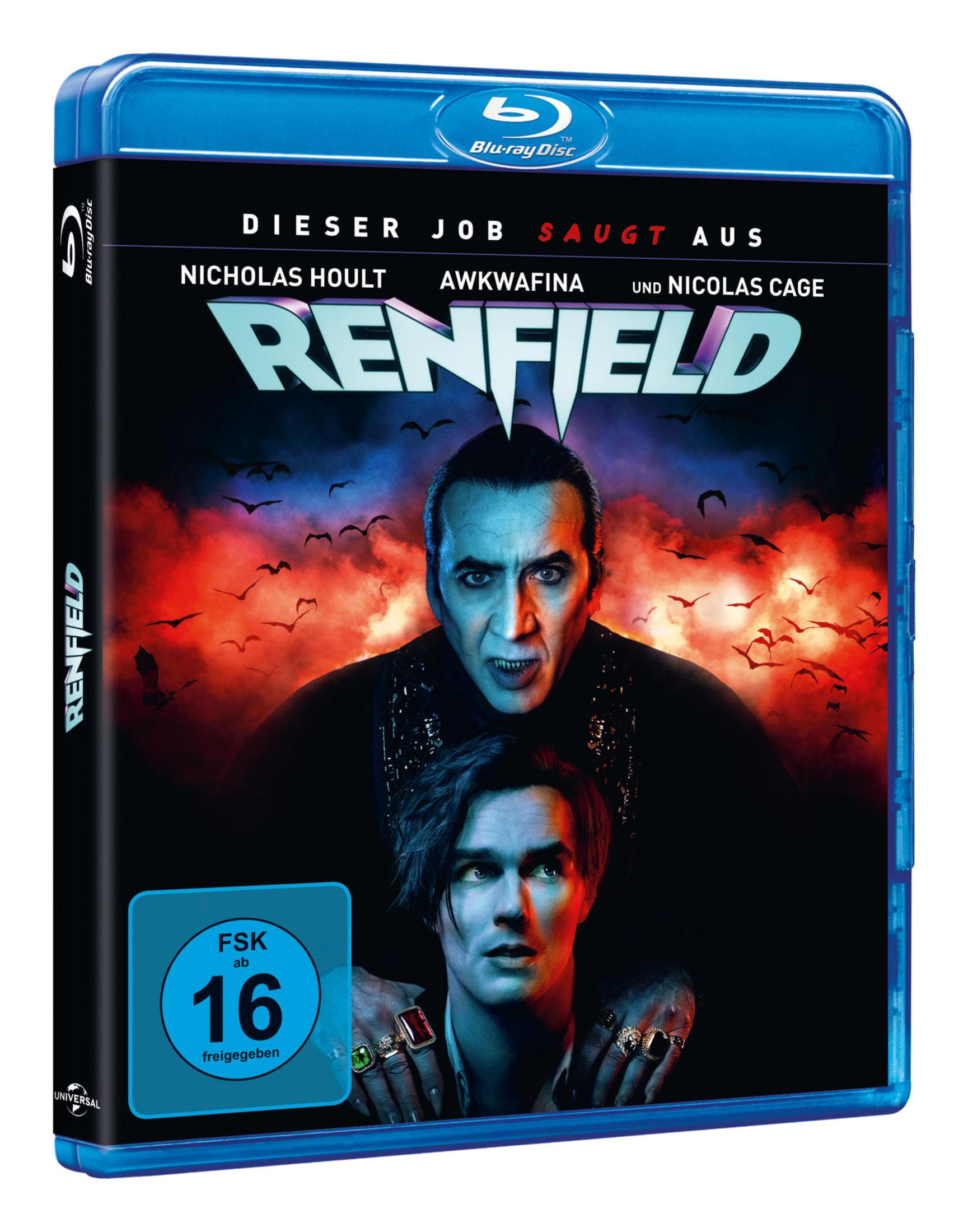 Renfield Blu-ray-Cover mit Nicolas Cage als Dracula und Nicholas Hoult, Fledermäusen und feurigem Hintergrund.