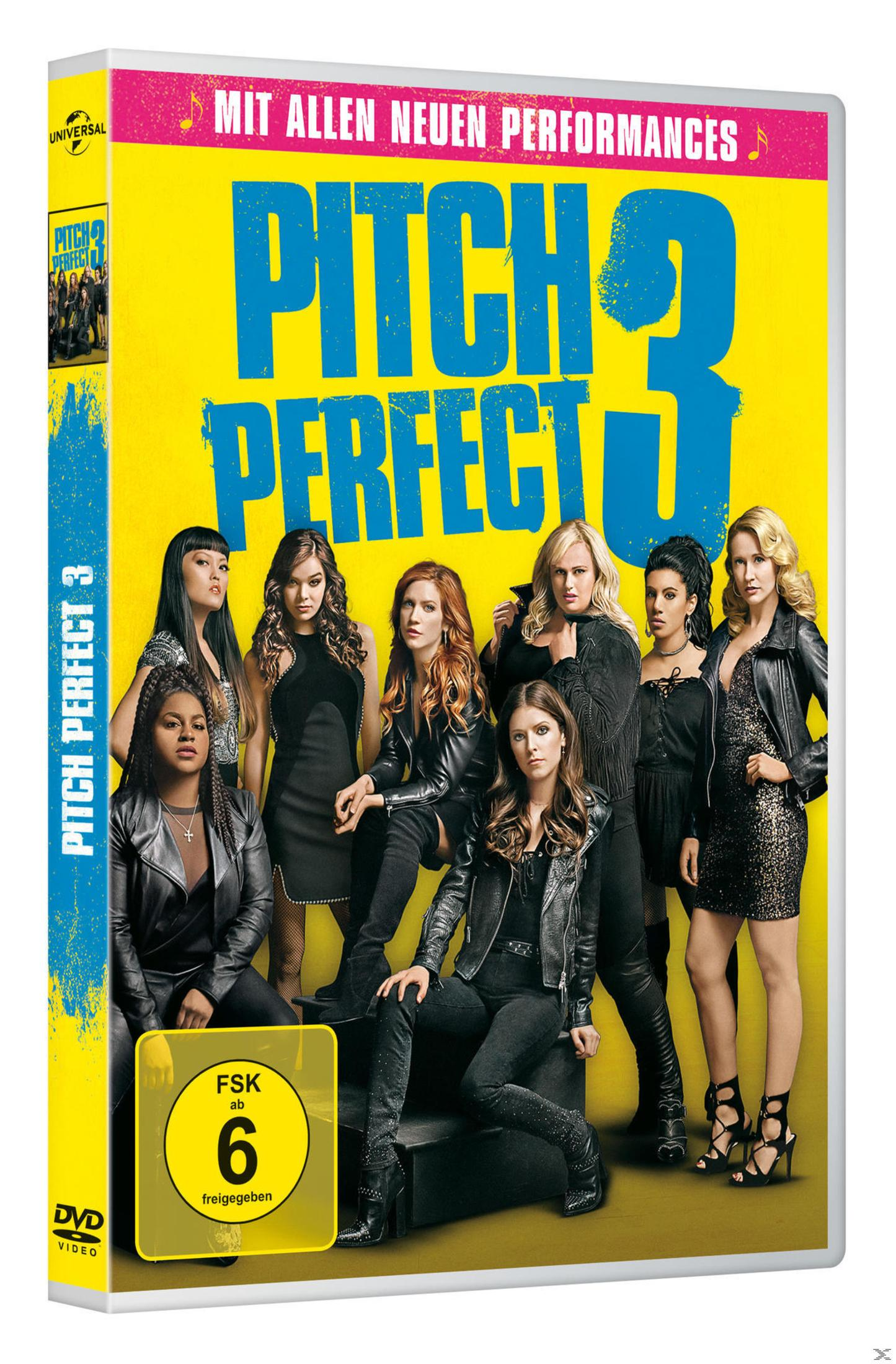 DVD-Hülle von Pitch Perfect 3 mit Frauen in schwarzer Kleidung auf gelbem Hintergrund.