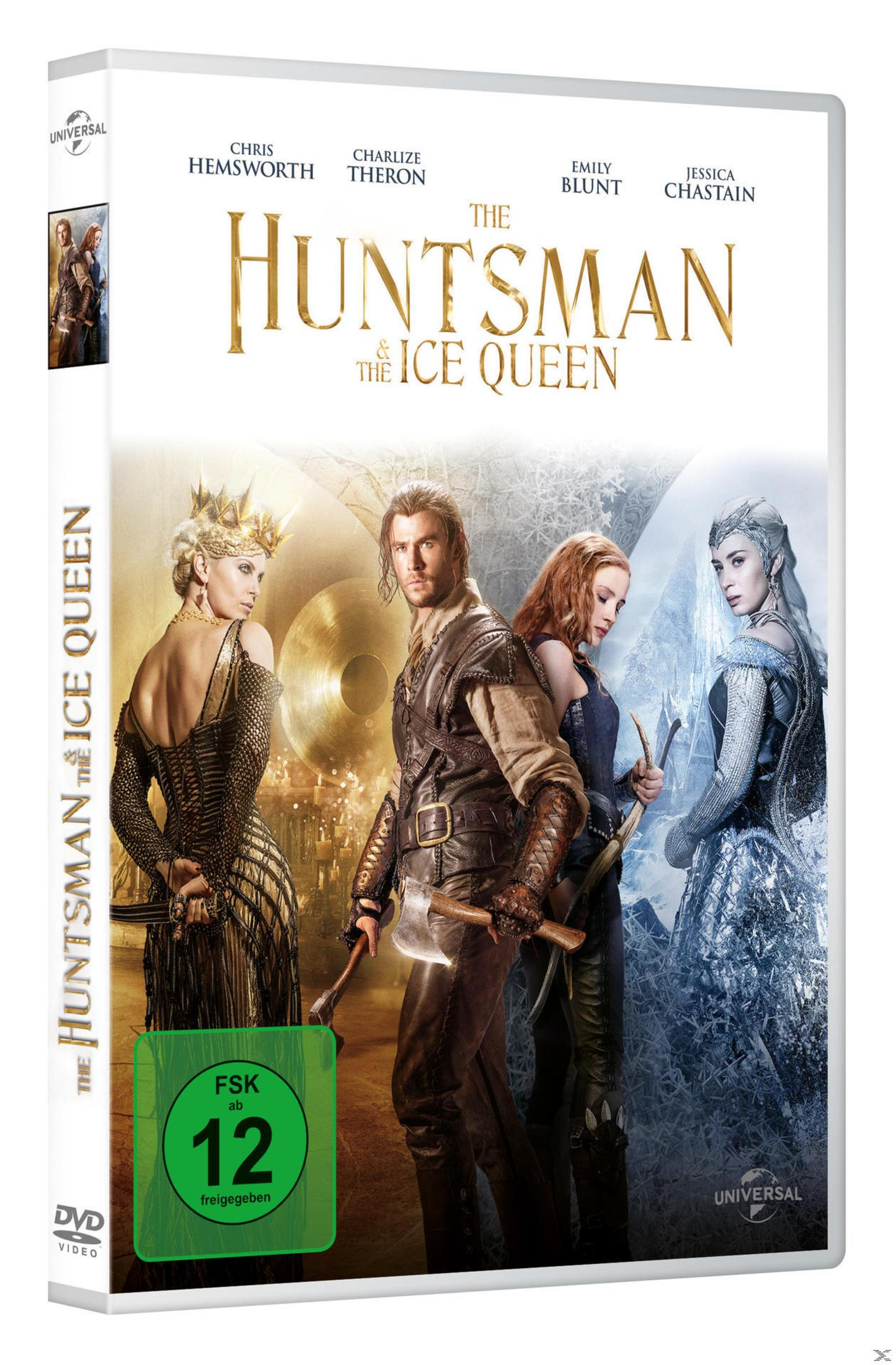 DVD-Cover von The Huntsman & The Ice Queen mit vier Hauptdarstellern vor Hintergrund.