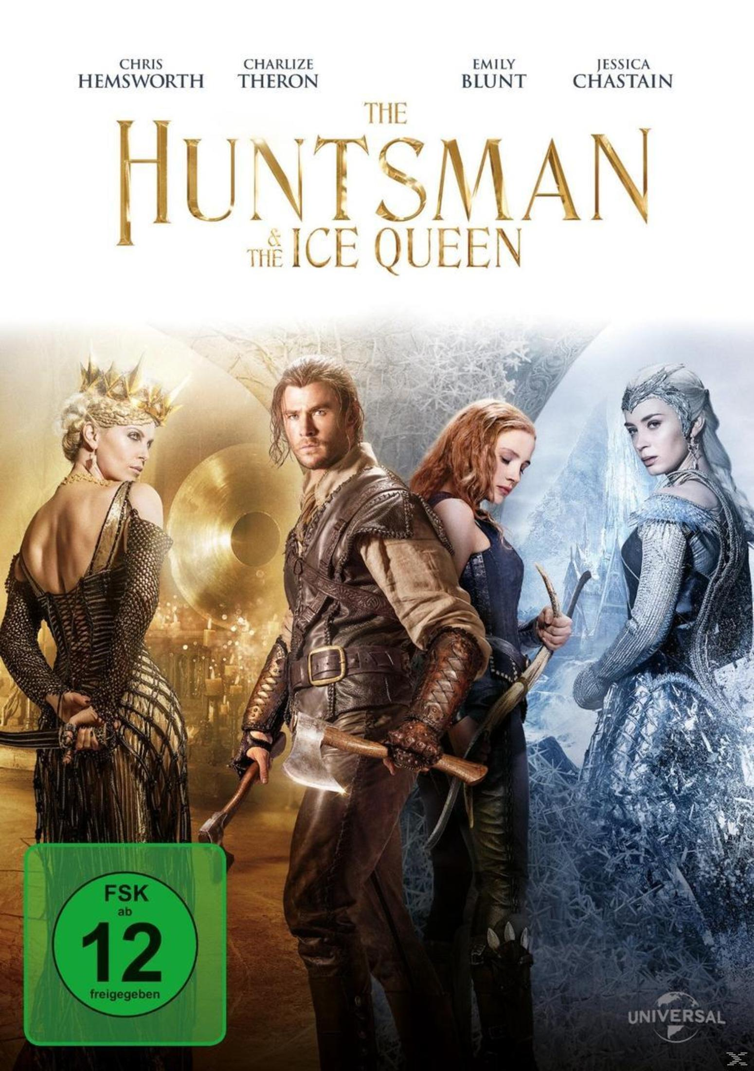 Filmposter zu The Huntsman & The Ice Queen mit vier Hauptfiguren mit Waffen inmitten von Eis und Gold.