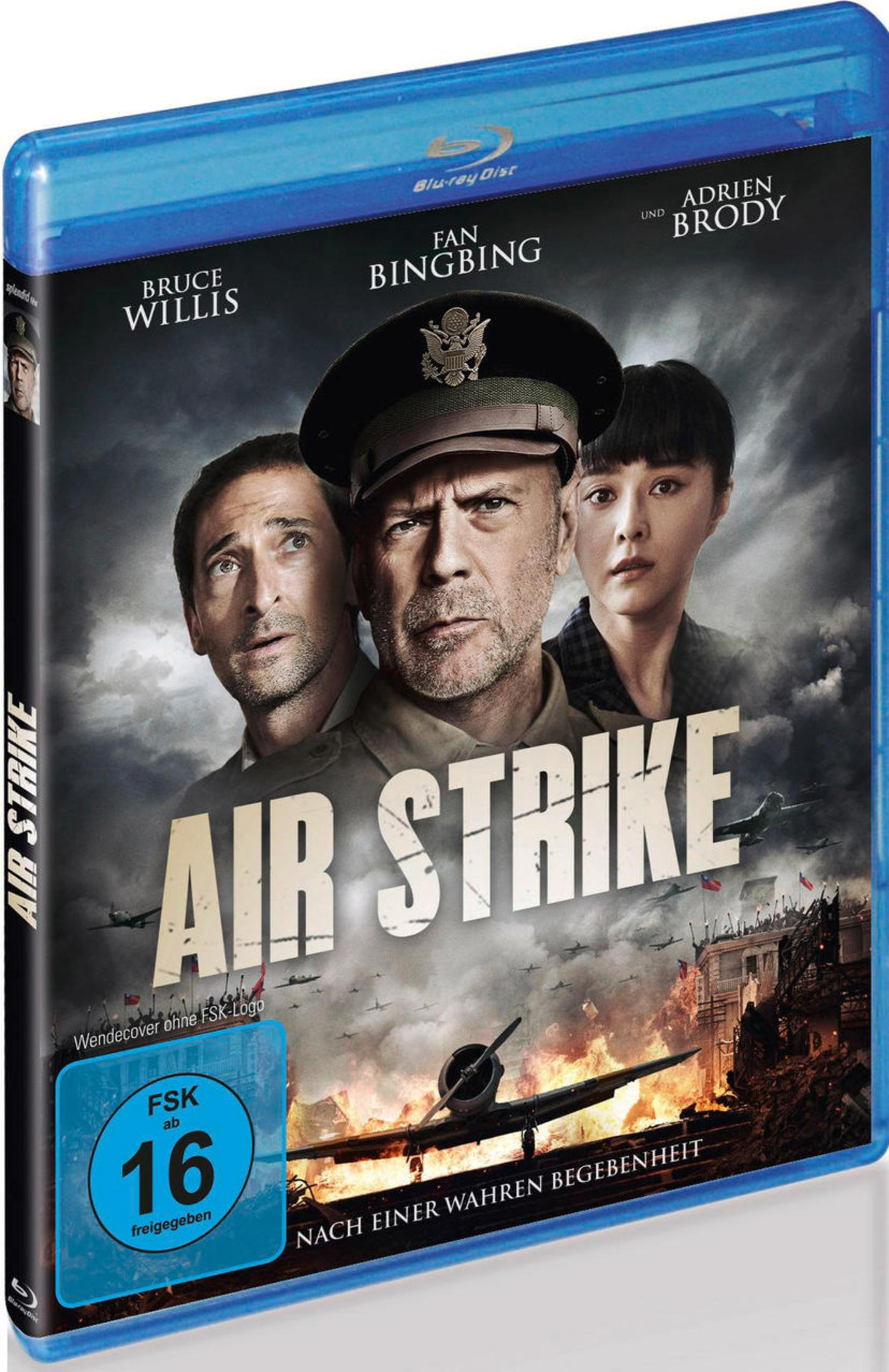 Blu-ray-Cover von Air Strike mit Bruce Willis, Adrien Brody und Fan Bingbing vor brennender Kriegskulisse.
