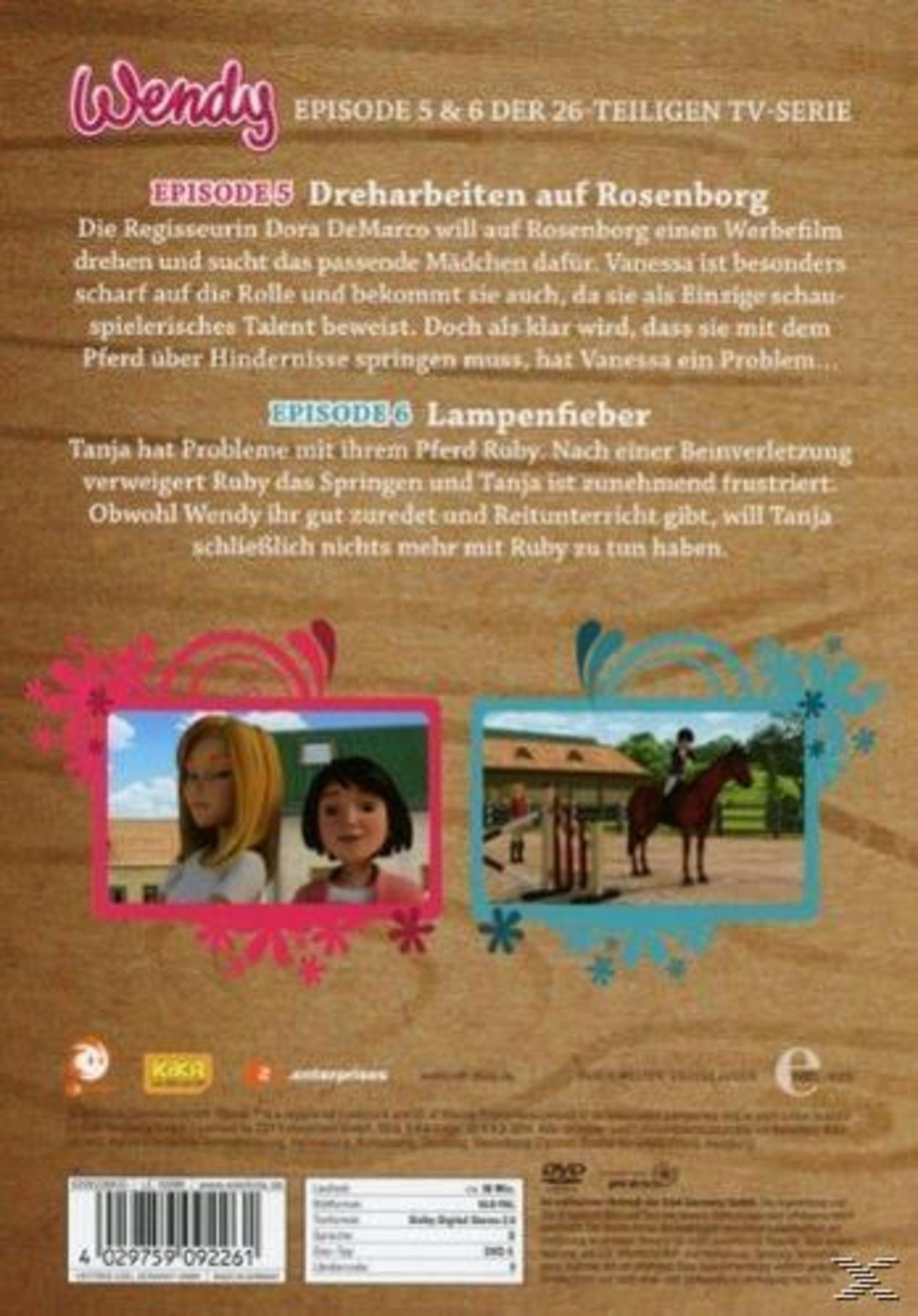 DVD-Rückseite von Wendy, zeigt Episodentexte und Szenenbilder vor Holzmaserungshintergrund.