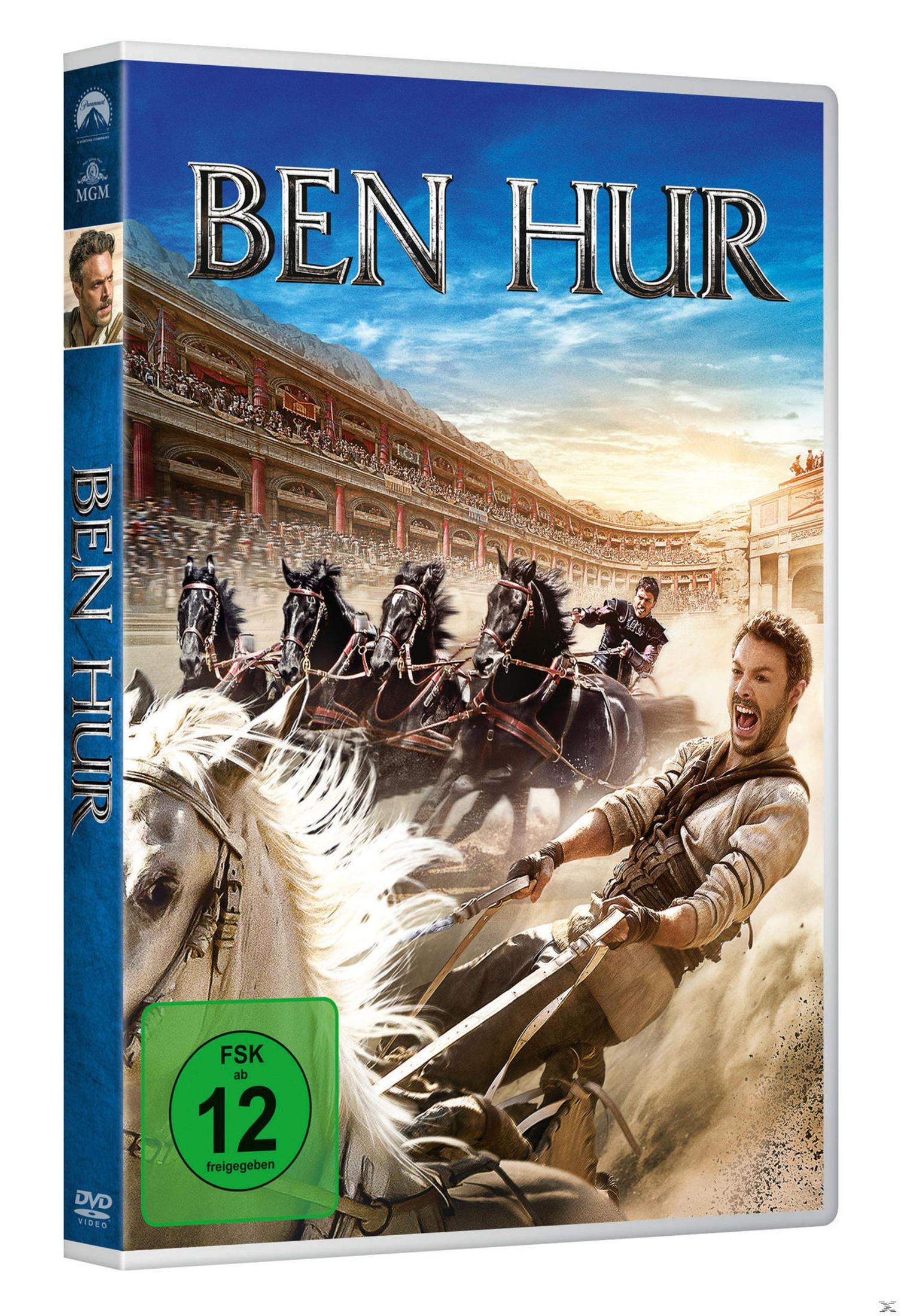 DVD-Hülle von Ben Hur mit einem Wagenrennen und einem schreienden Mann, der Pferde in einer Arena lenkt.