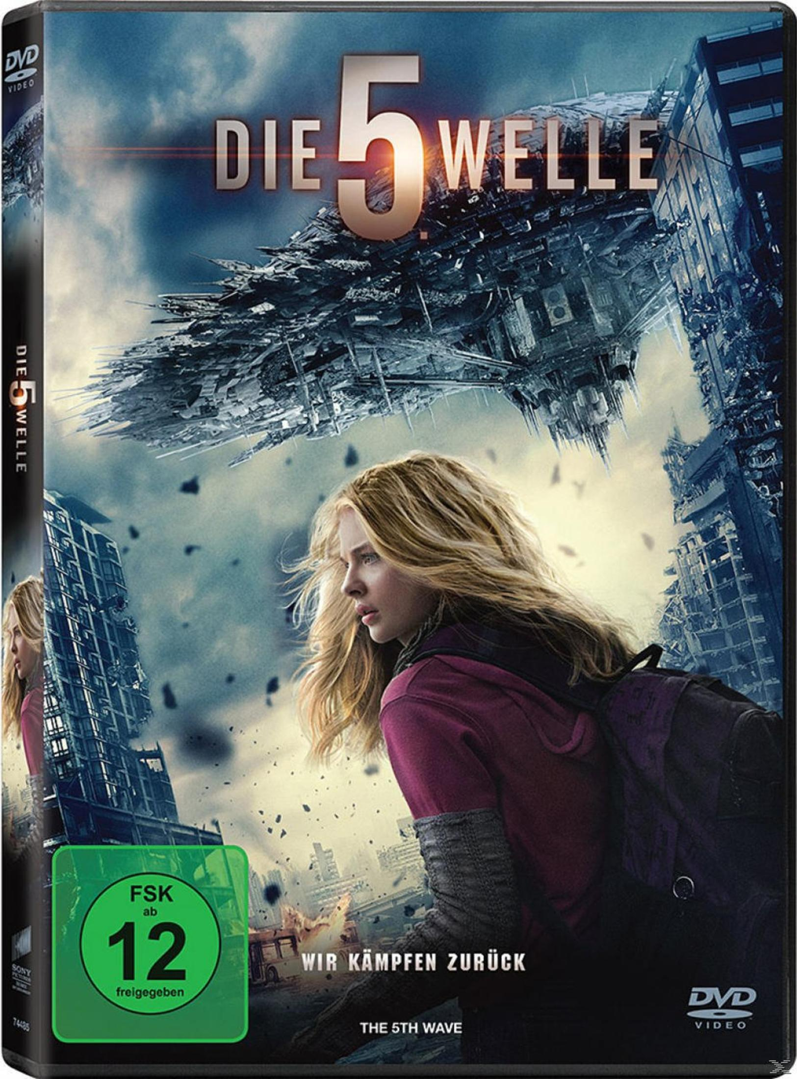 DVD-Cover von Die 5. Welle mit einer jungen Frau vor einer zerstörten Stadt und einem riesigen Raumschiff oben.