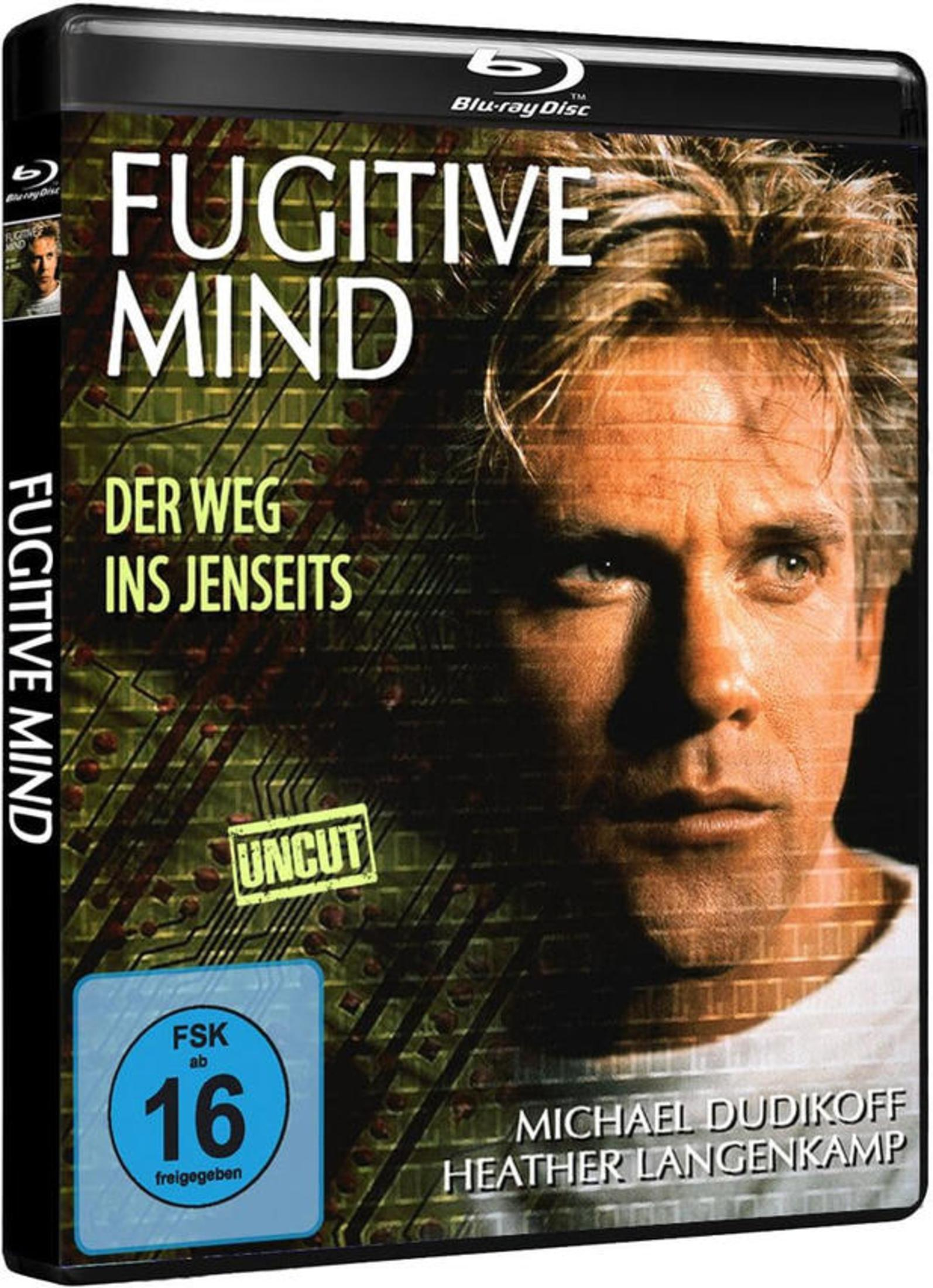 Blu-ray-Cover von Fugitive Mind mit Michael Dudikoff und Heather Langenkamp vor einem grünen Hintergrund.
