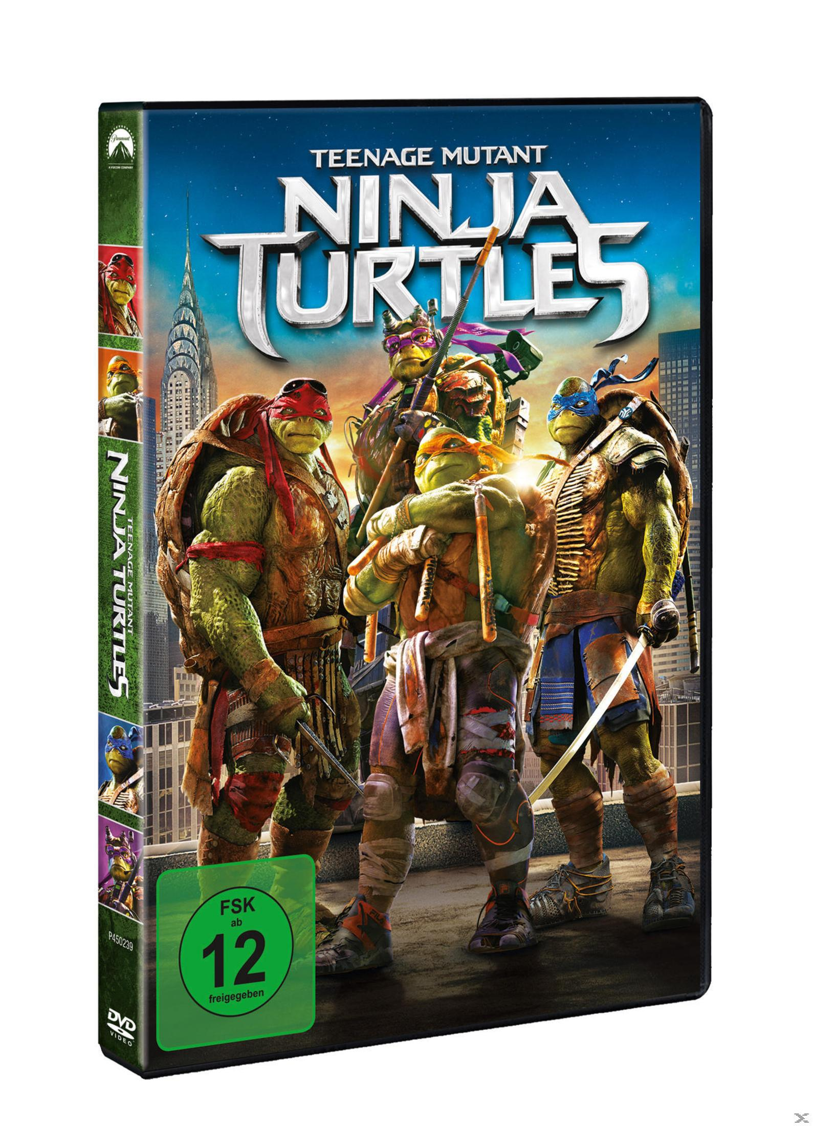 DVD-Hülle von Teenage Mutant Ninja Turtles mit vier Schildkröten vor einer Stadtwand.