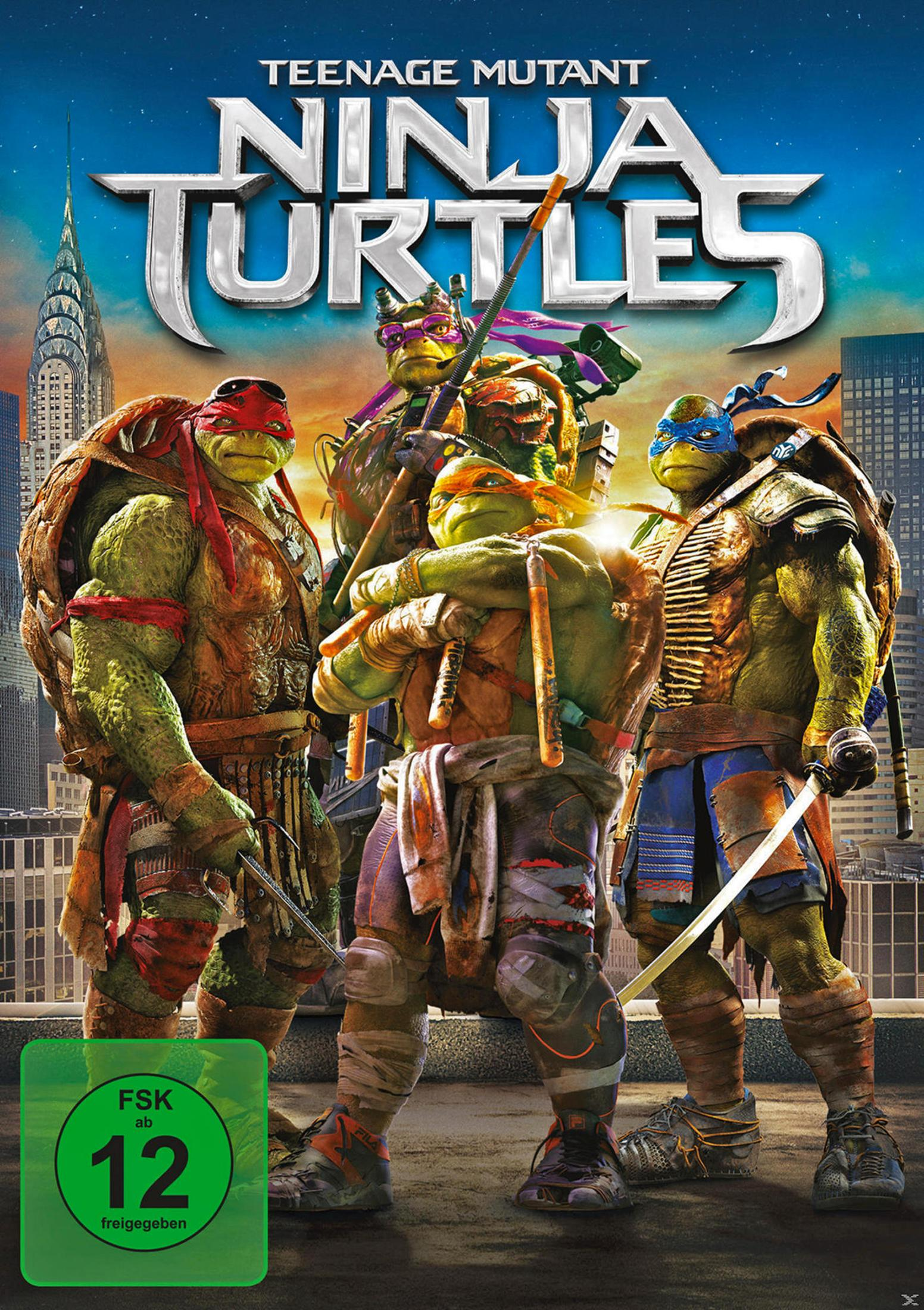 Die vier Teenage Mutant Ninja Turtles stehen kampfbereit auf einem Dach vor einer Stadtsilhouette.