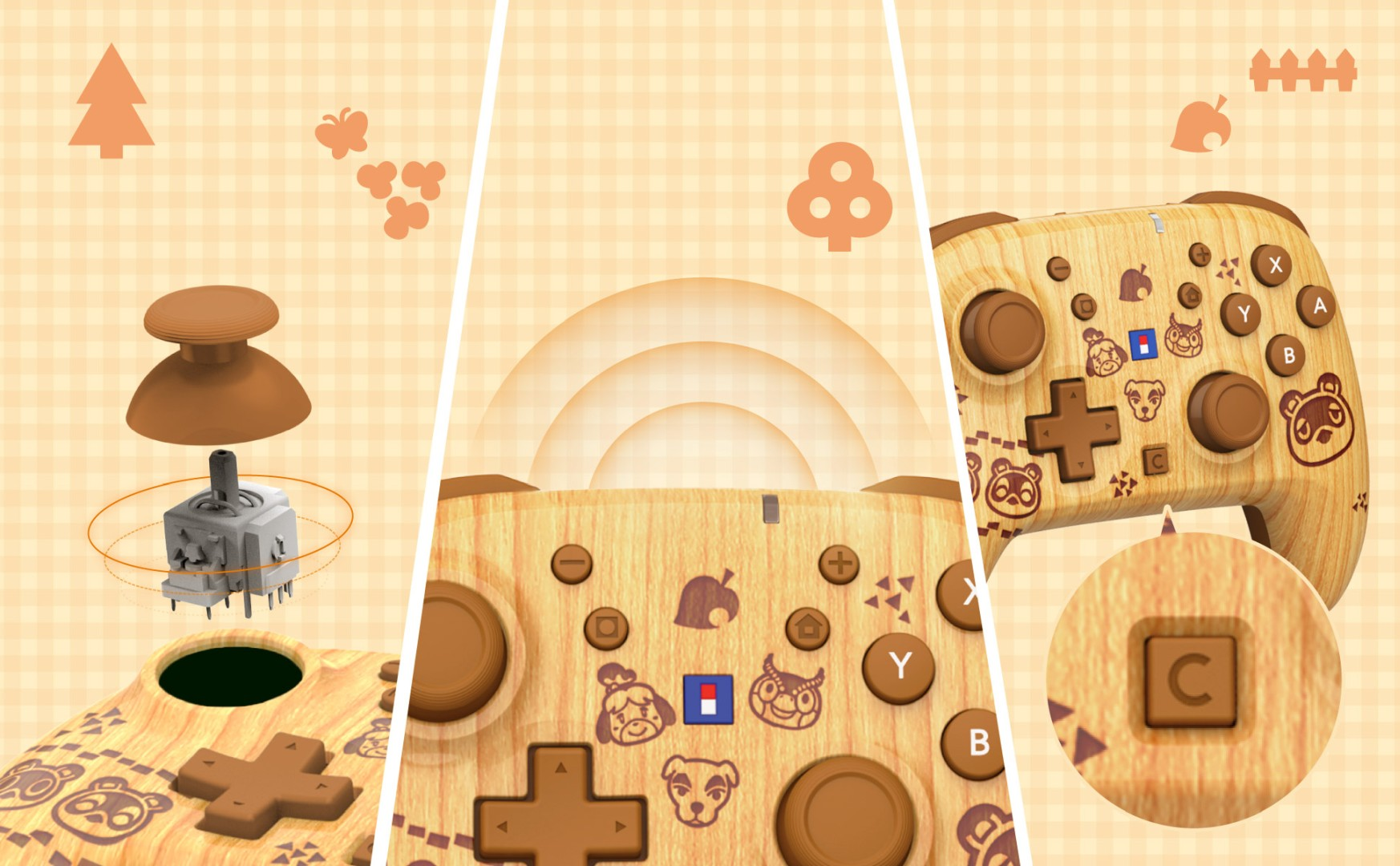 Kontroler do gier z motywem Animal Crossing z drewnianą teksturą i ikonami na beżowym tle.