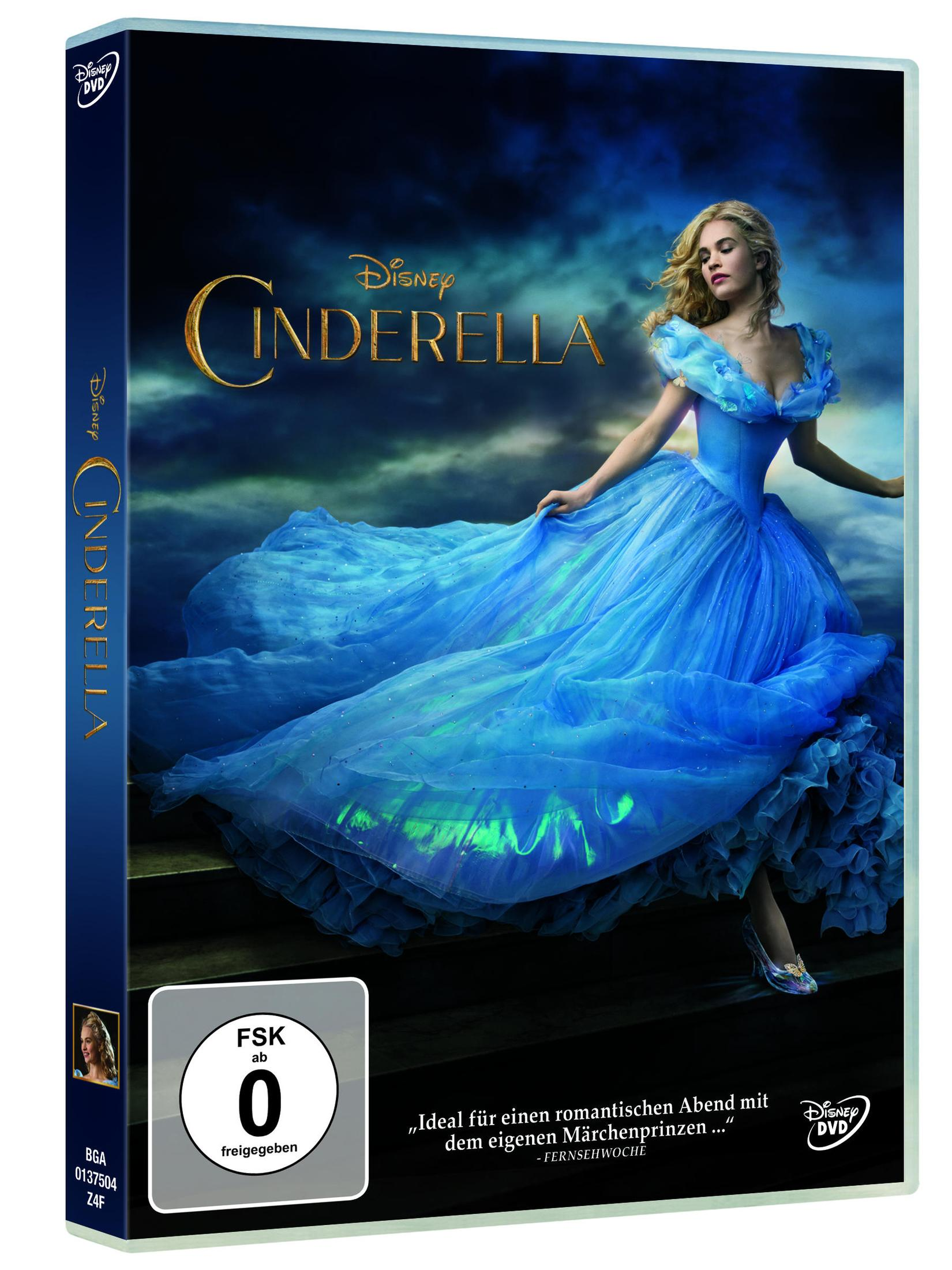 DVD-Hülle von Disneys Cinderella zeigt die Prinzessin in einem großen blauen Kleid auf einer Treppe.
