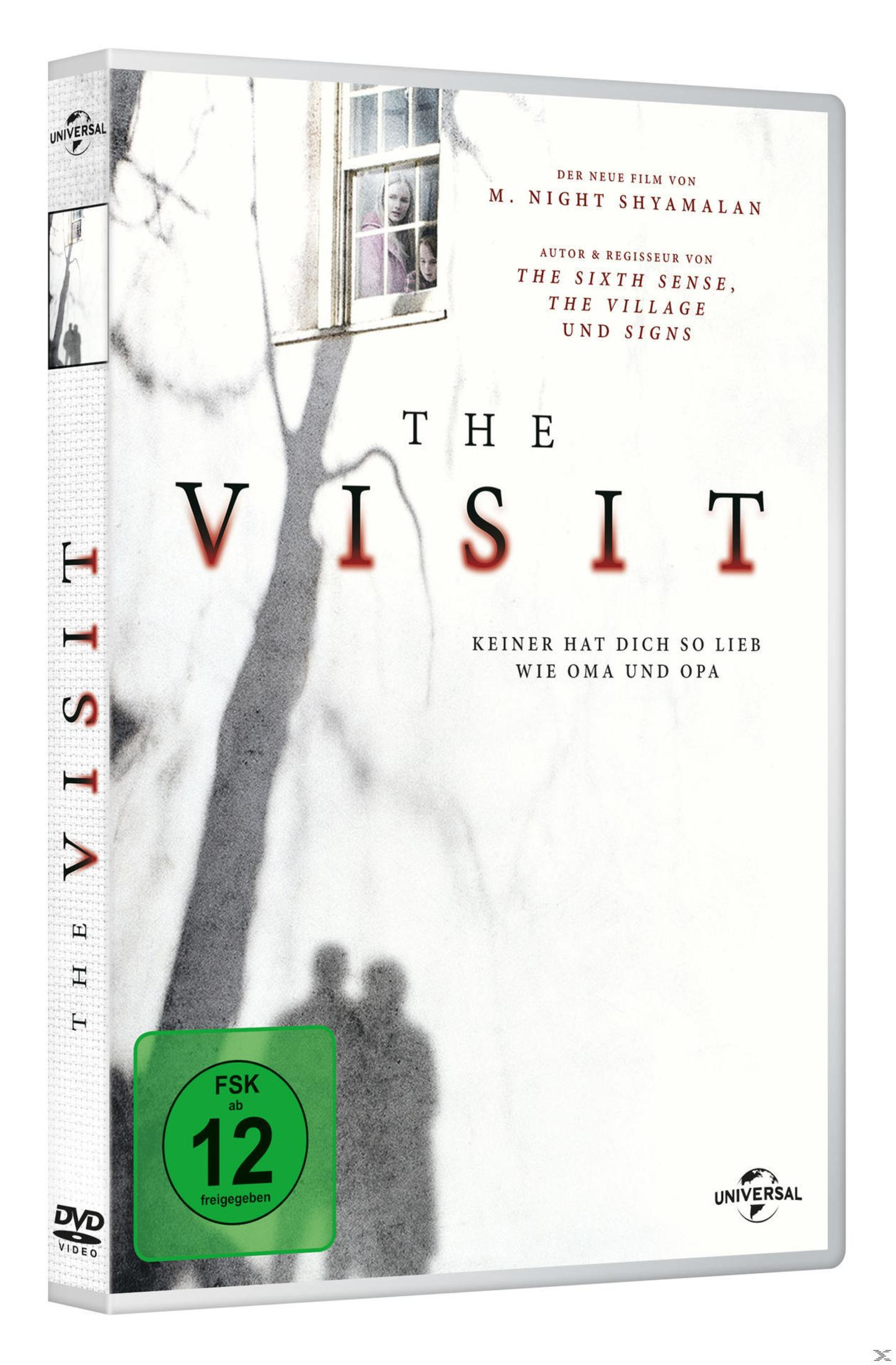 DVD-Hülle des Films The Visit mit weißem Hintergrund, einer Baumsilhouette und Texten.