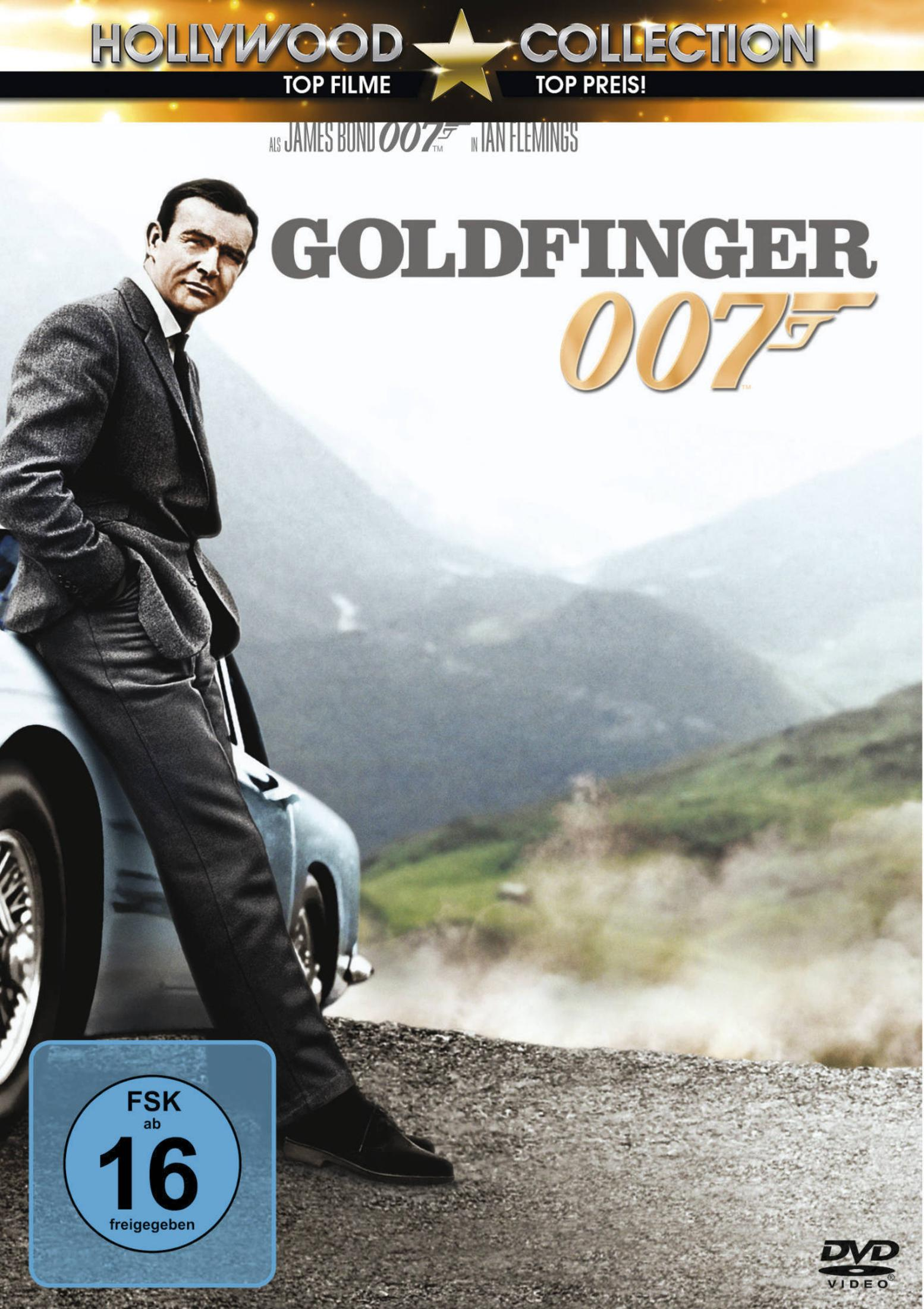 Sean Connery als James Bond leanend an ein Auto vor einer Berglandschaft auf dem DVD-Cover von Goldfinger.