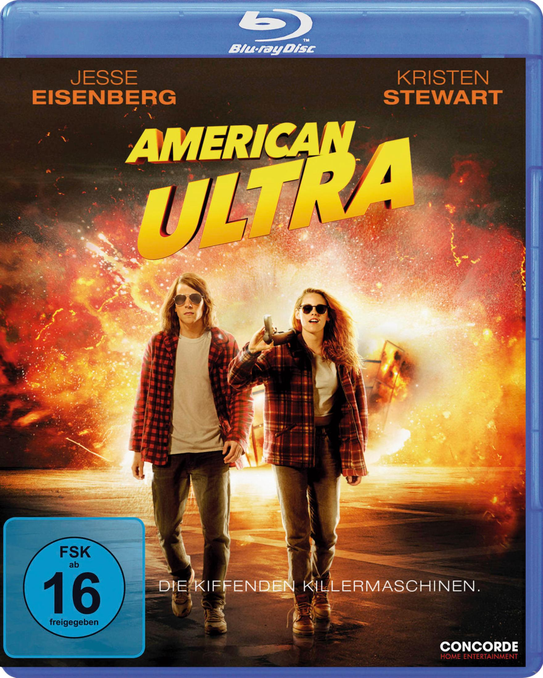 Blu-ray-Hülle von American Ultra mit Jesse Eisenberg und Kristen Stewart vor einer Explosion.