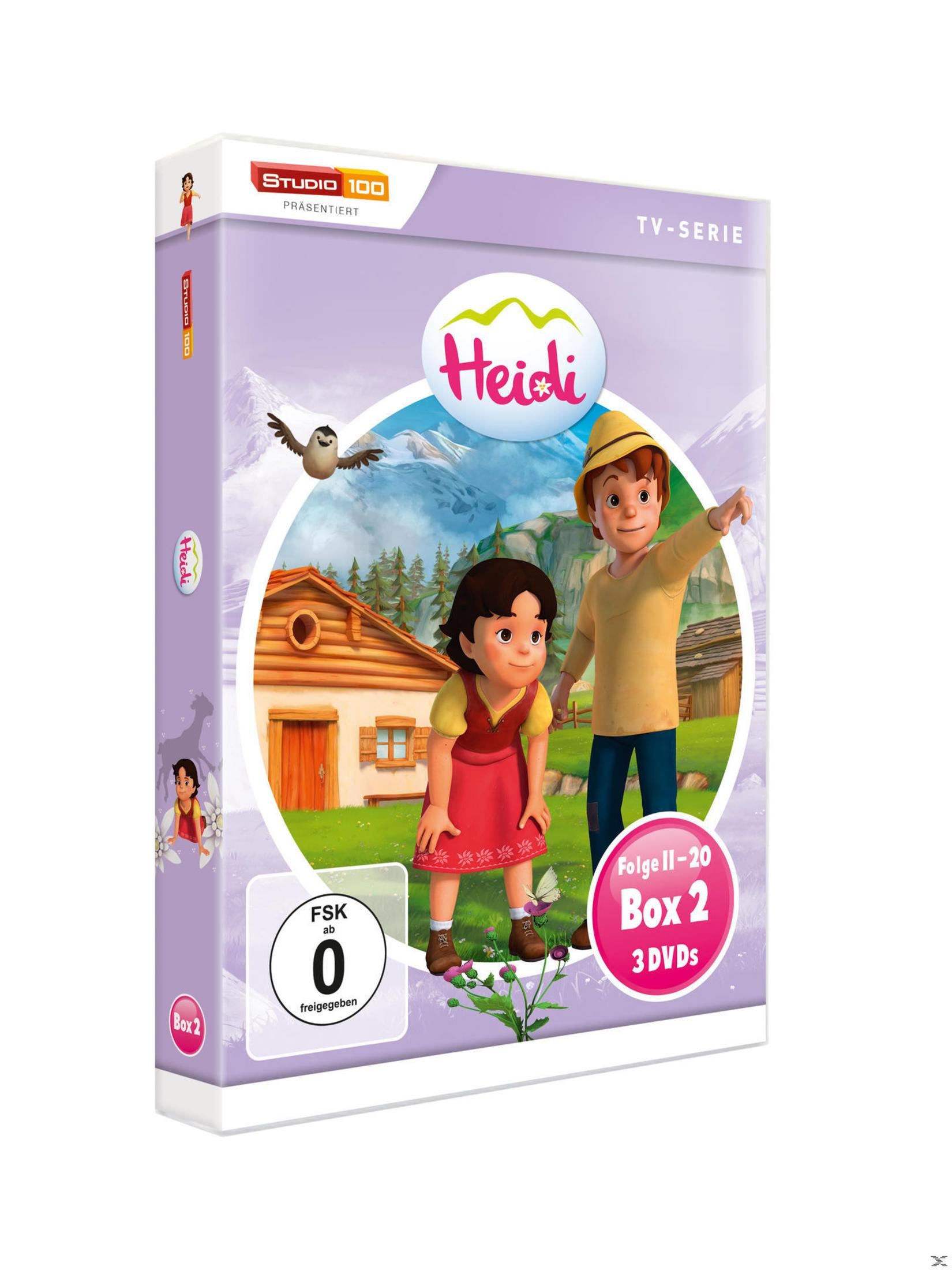 Heidi DVD-Hülle Box 2 mit Heidi und Peter vor einer Almhütte in den Bergen.