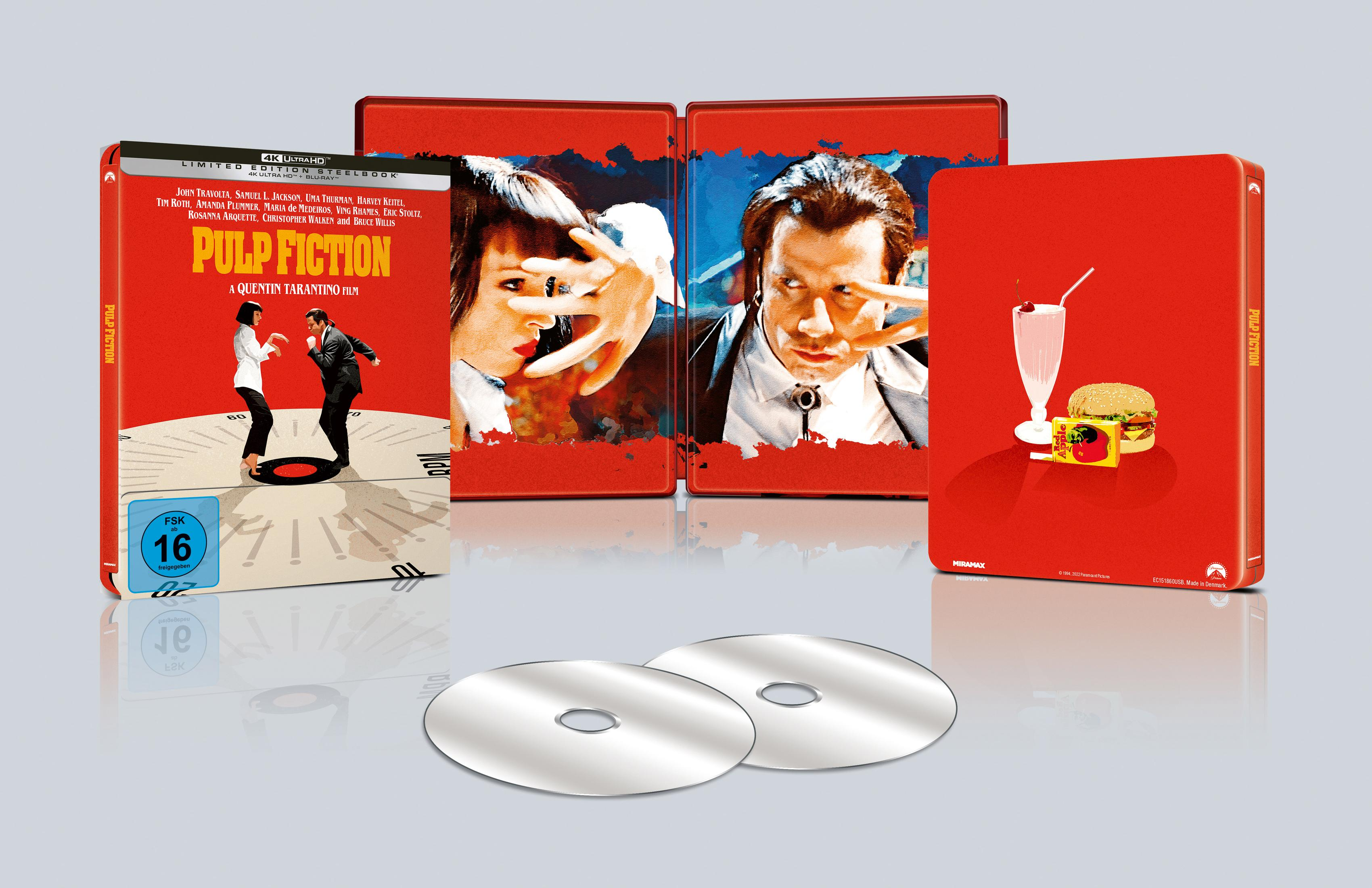Pulp Fiction Steelbook 4K UHD mit Discs, Cover und rotem Hintergrund mit ikonischen Filmszenen.
