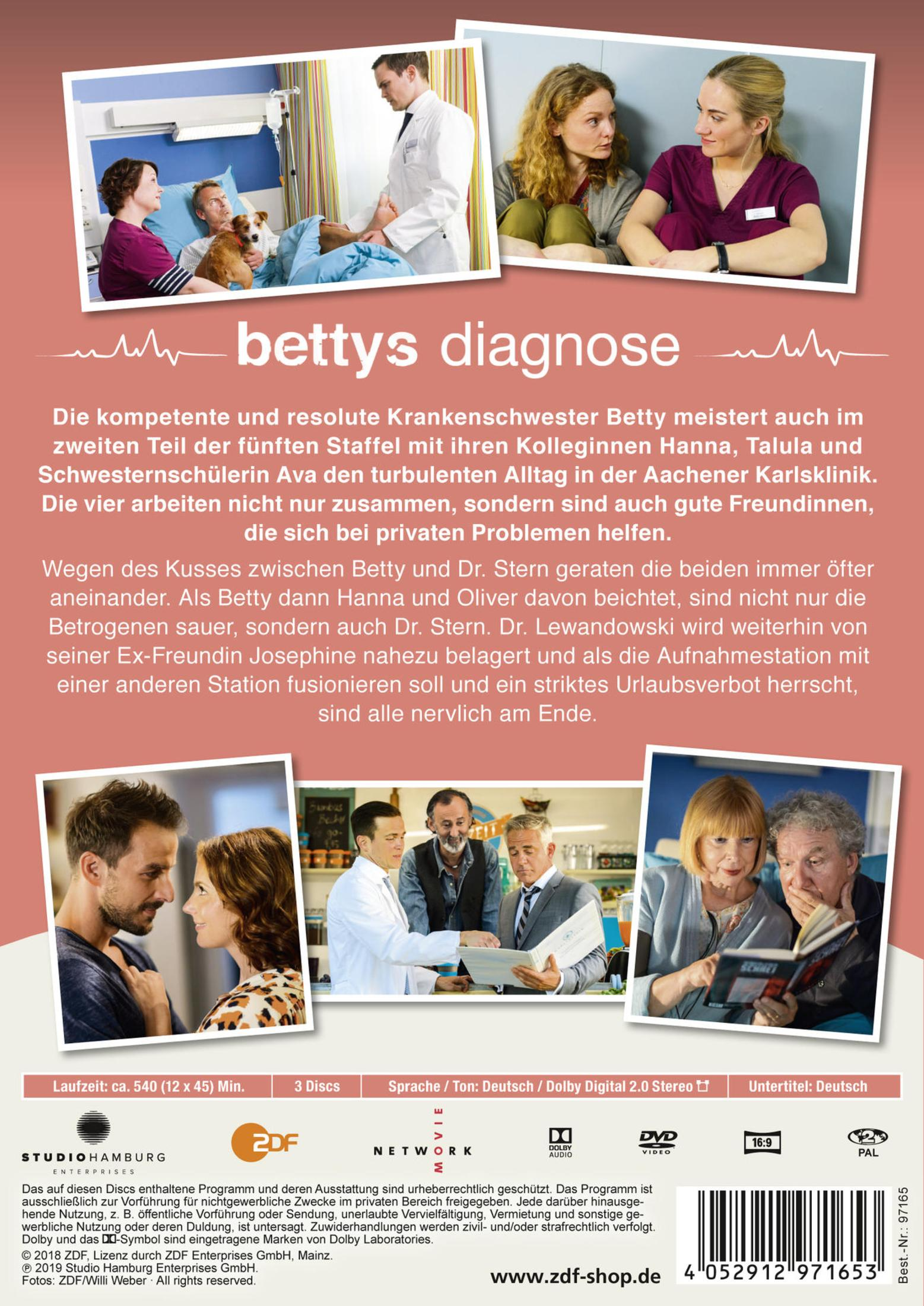 DVD-Cover der Serie Bettys Diagnose mit vier Szenenfotos und Text auf rosa Hintergrund.