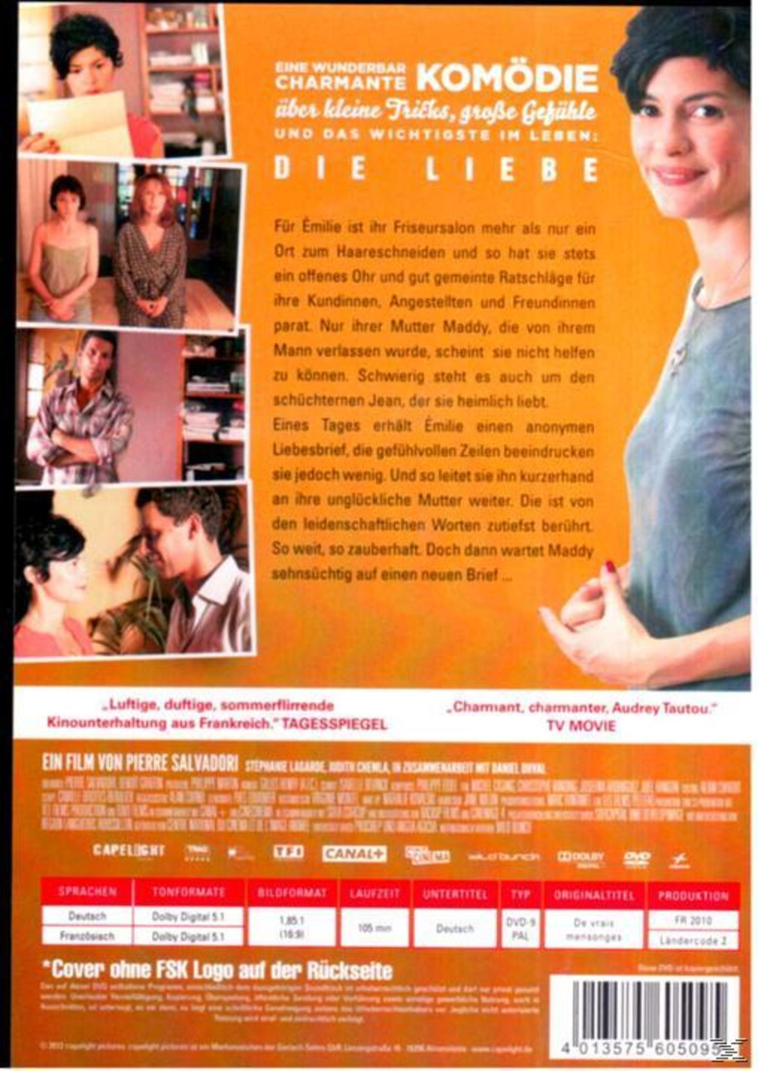 DVD-Rückseite des Films 'Bezaubernde Lügen' mit Bildern, Beschreibung, Cast-Details und technischen Angaben auf Orange.