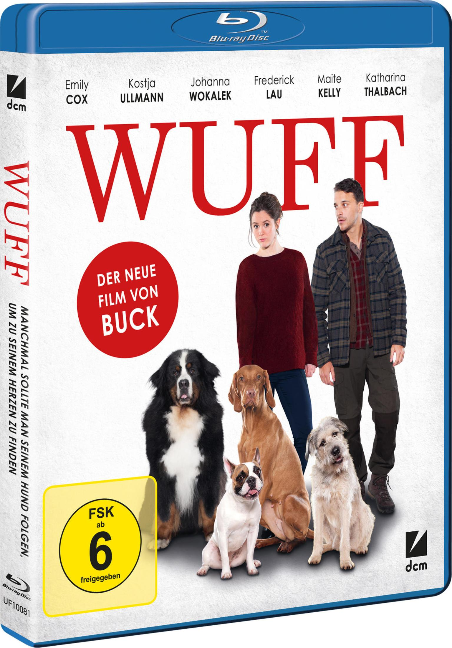 Blu-ray-Hülle des Films WUFF mit zwei Personen und vier Hunden.