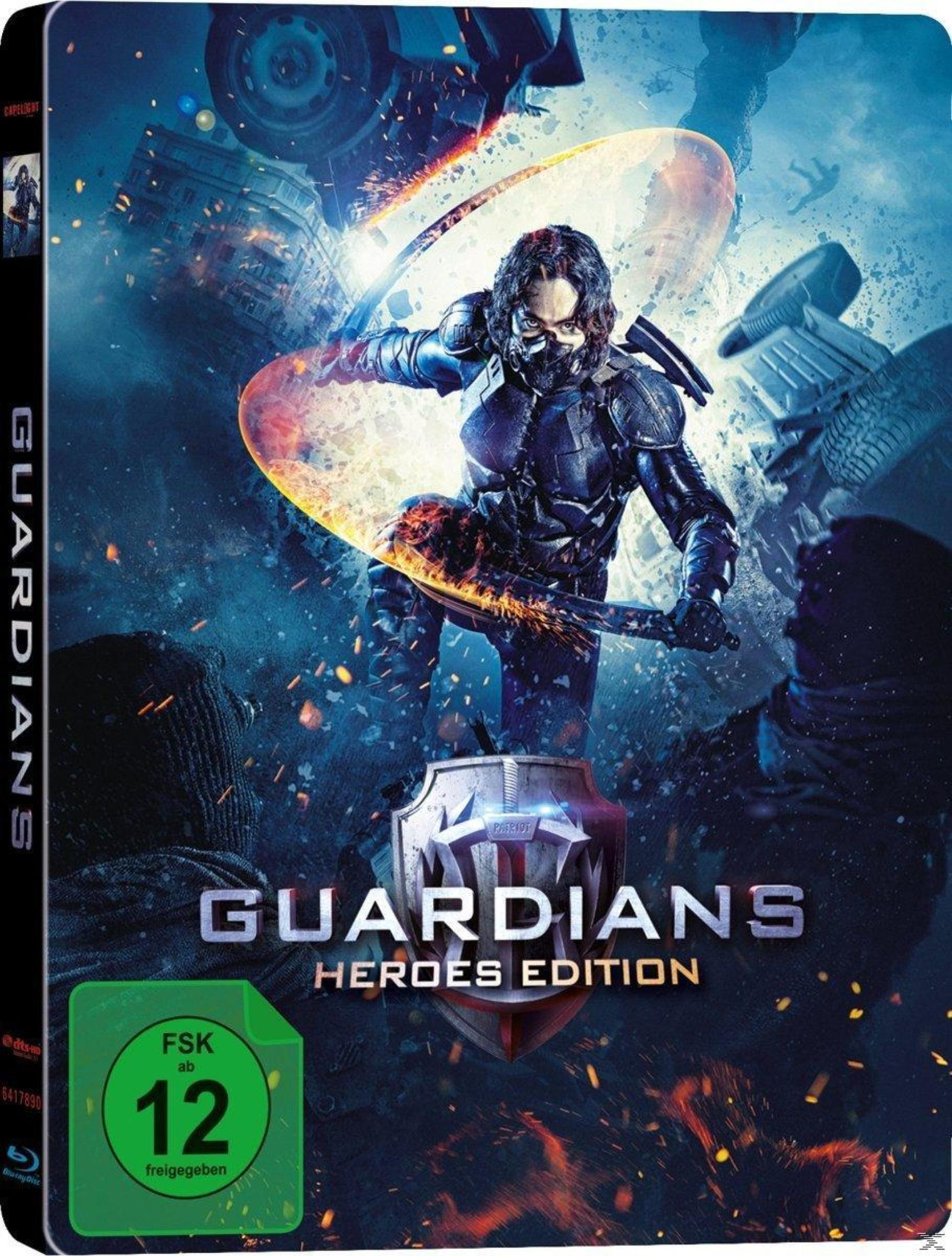Sci-Fi-Filmposter mit einem maskierten Helden im Kampf, umgeben von Explosionen und Trümmern.