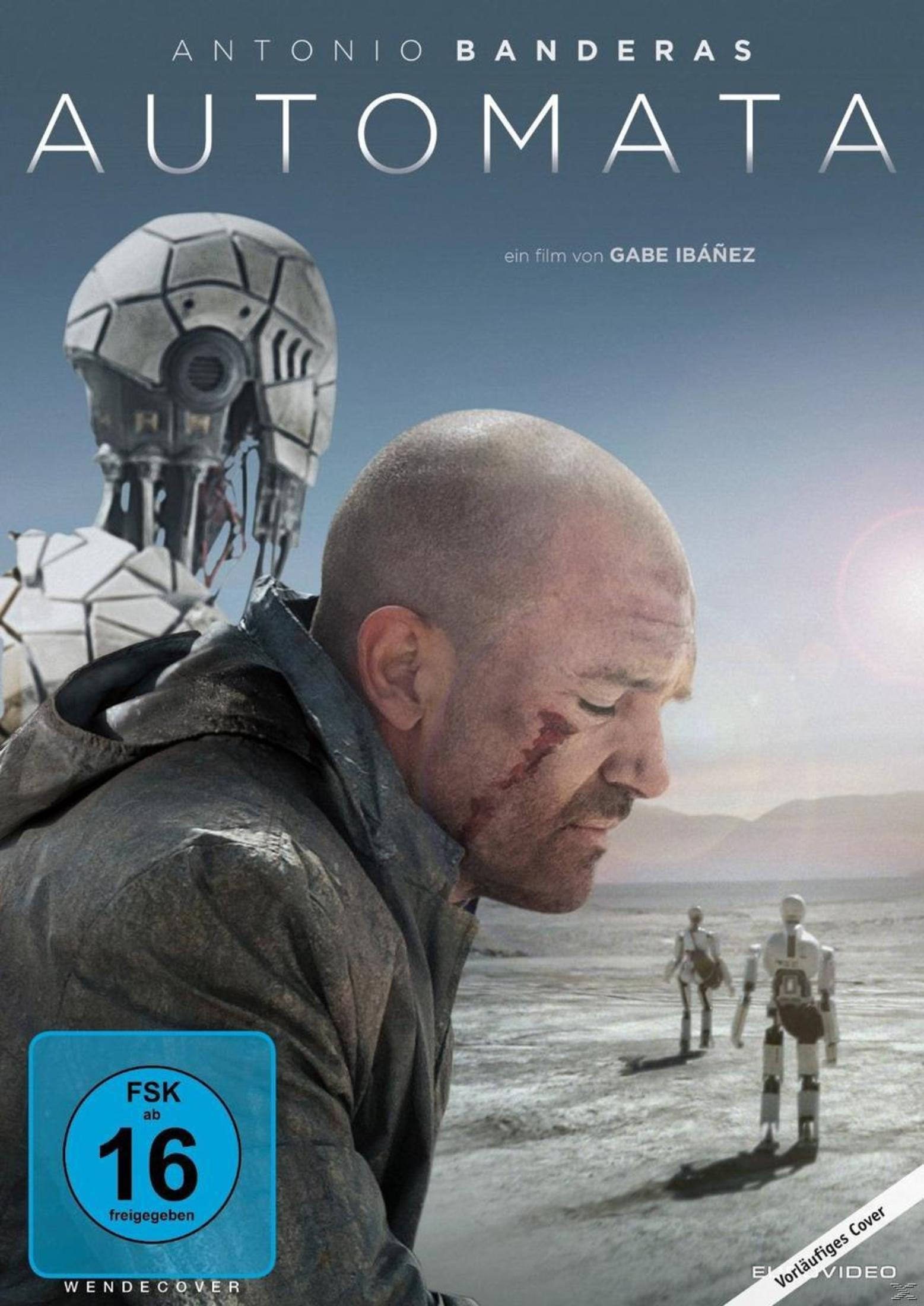 Filmposter von Automata mit Antonio Banderas, einem Roboter im Vordergrund und zwei Robotern in einer kargen Wüste.