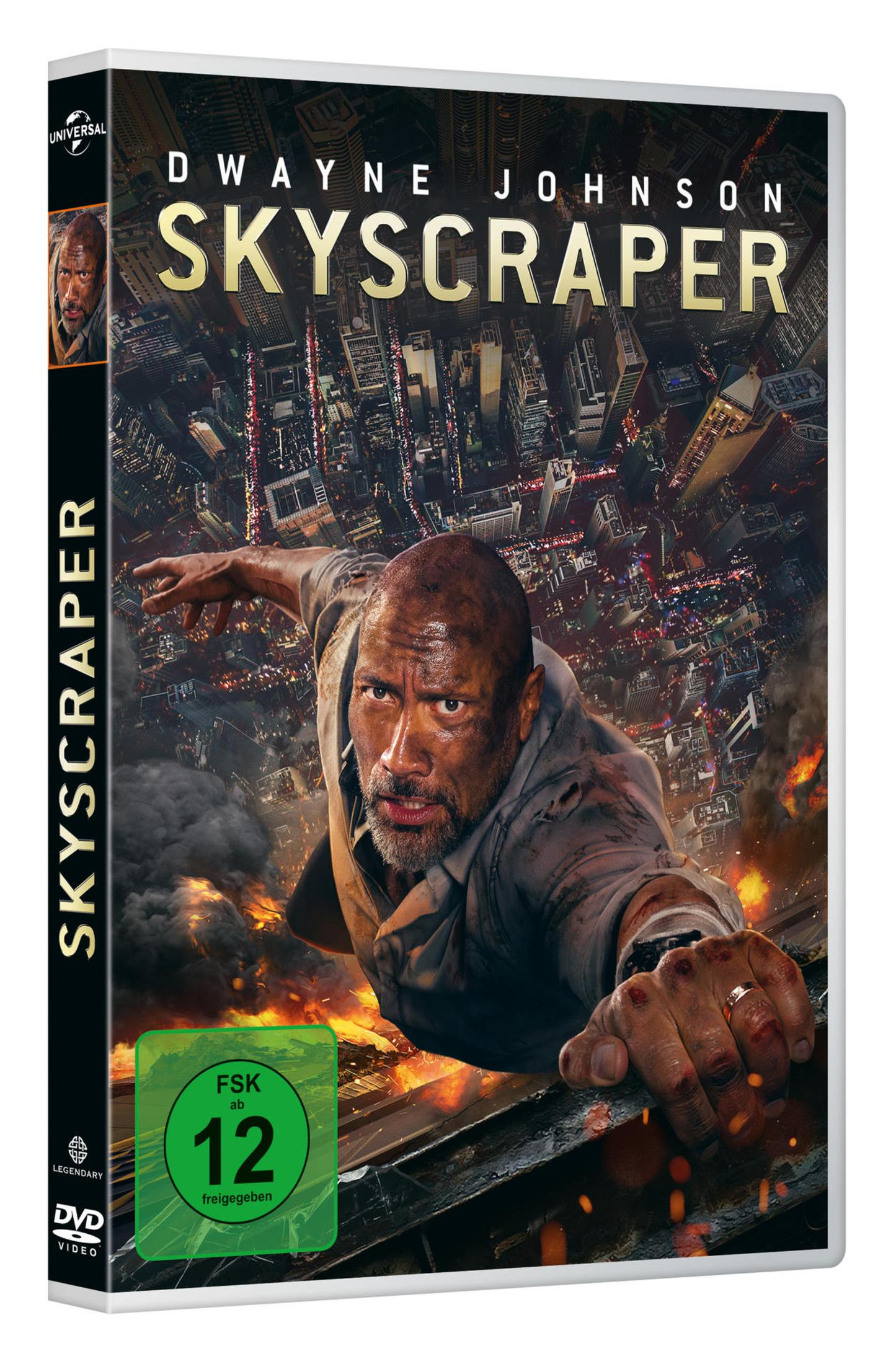 DVD-Hülle des Films Skyscraper mit Dwayne Johnson vor einer brennenden Stadtkulisse.