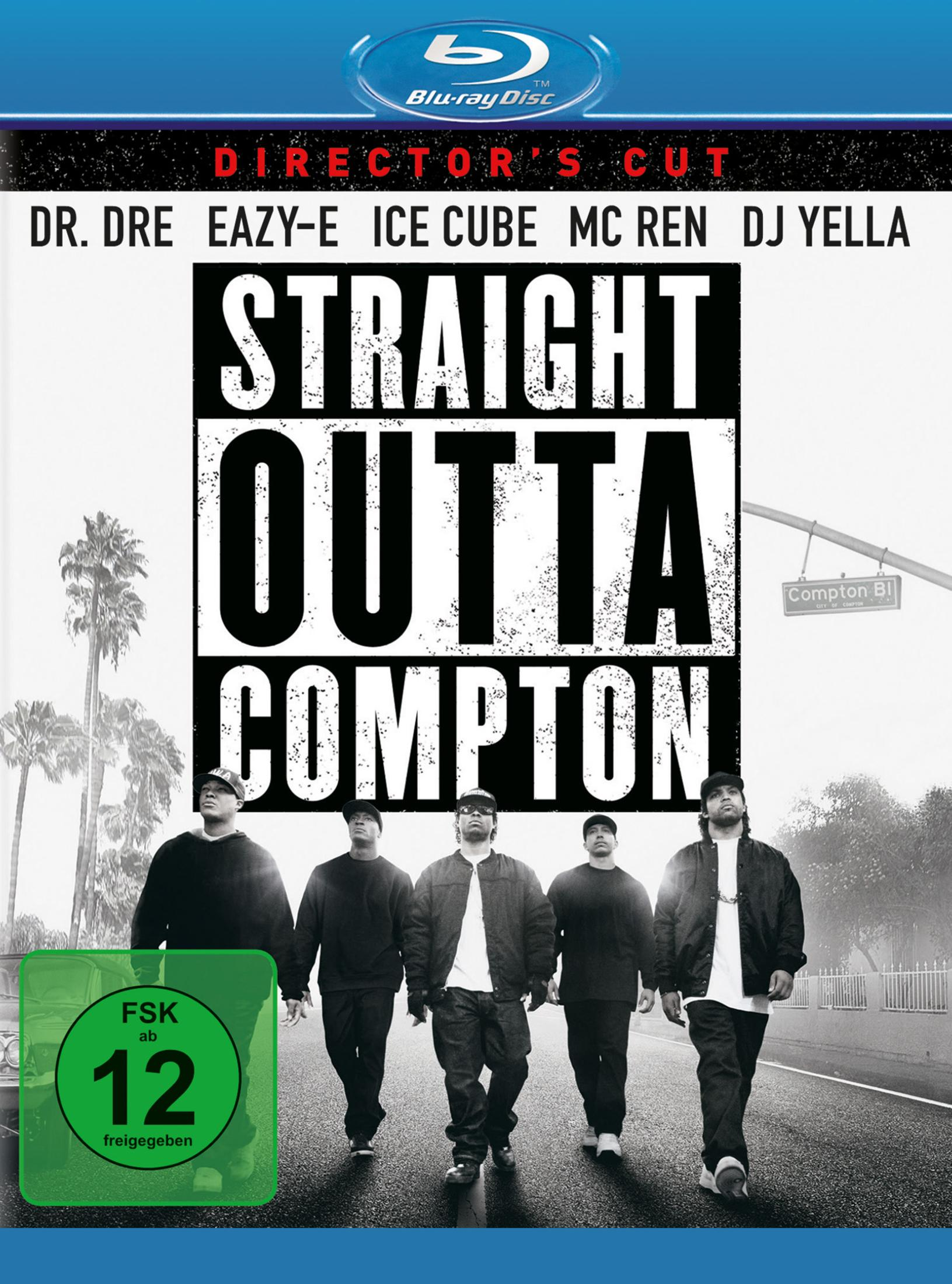 Blu-ray-Cover von Straight Outta Compton mit fünf Männern, die auf einer Straße gehen, und Regelschild.