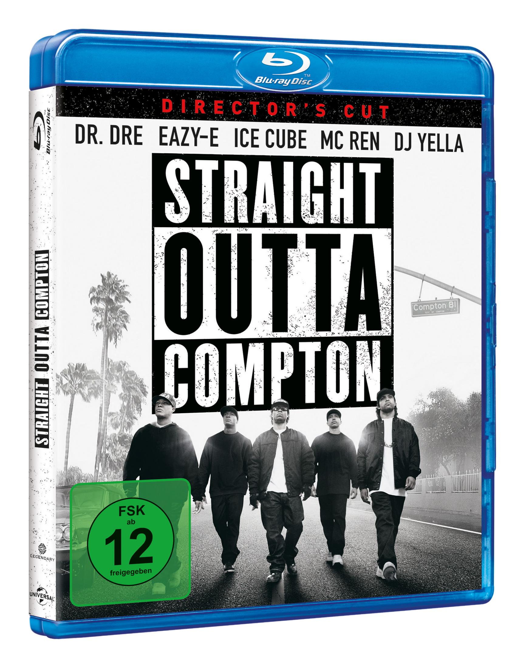 Blu-ray-Hülle von Straight Outta Compton mit fünf Männern auf einer Straße und grünem FSK-12-Logo.