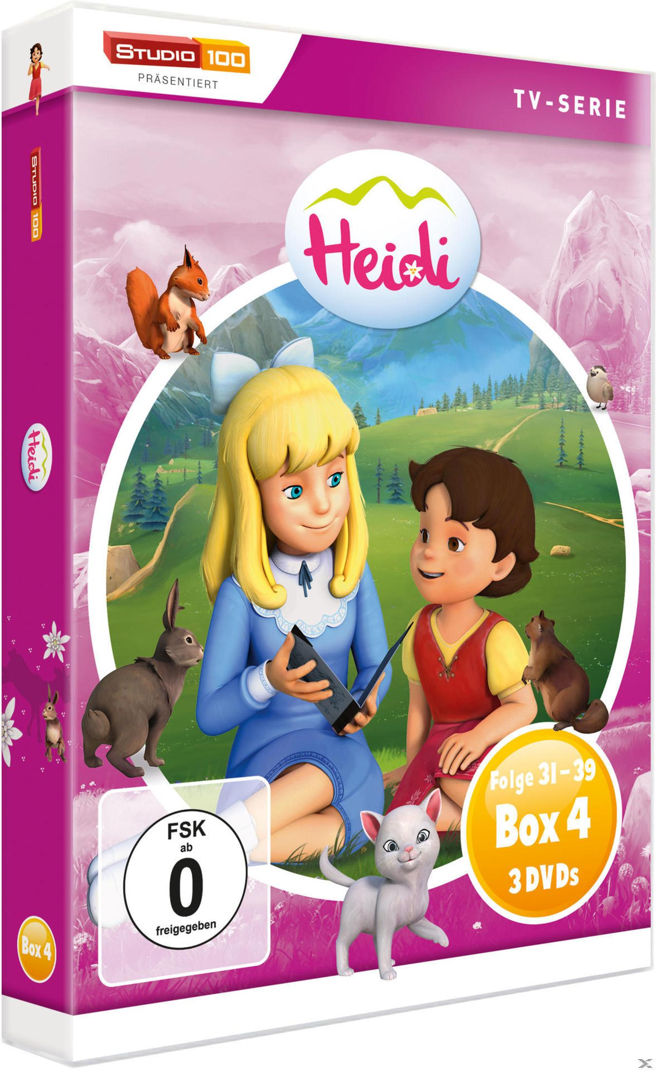 Heidi DVD-Box 4 mit Heidi, Clara und Tieren in den Alpen vor Bergkulisse.