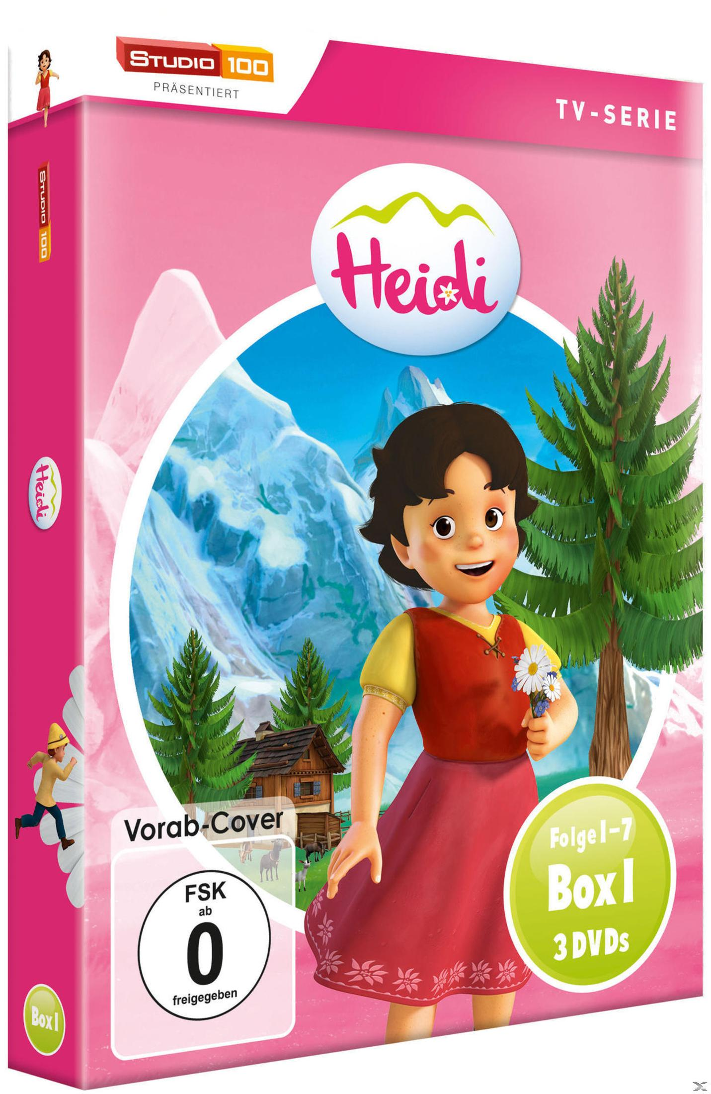DVD-Cover von Heidi mit lächelndem Mädchen, Blumen, Bergen, Tannen und einer Holzhütte im Hintergrund.