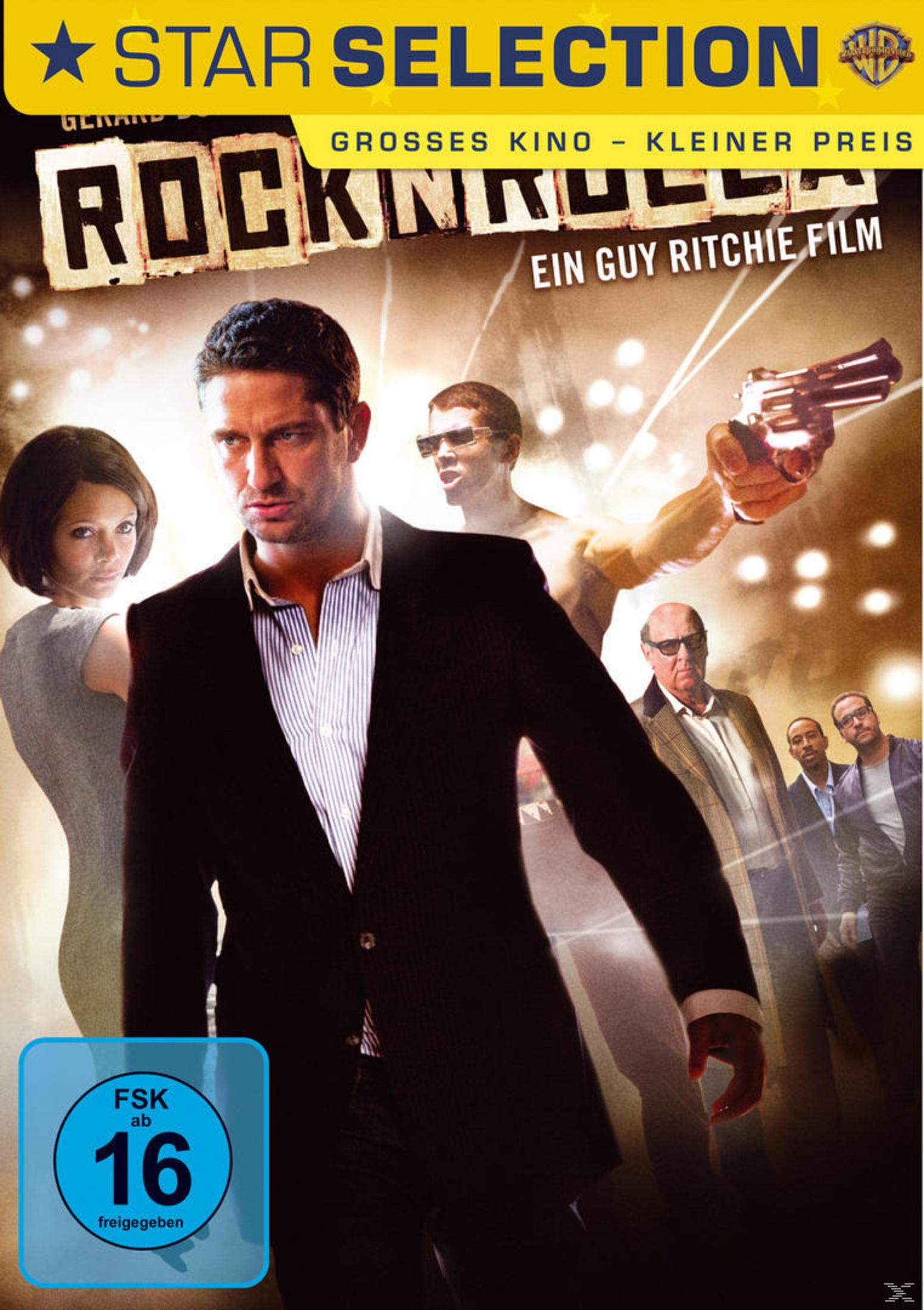 Filmplakat RocknRolla mit Gerard Butler im Anzug im Vordergrund und weiteren Charakteren.