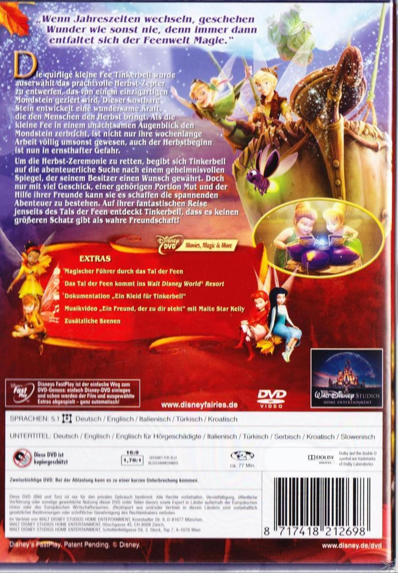 DVD-Rückseite mit Tinkerbell-Bildern, Texten in deutscher Sprache, Extras, Sprachen und Barcode.